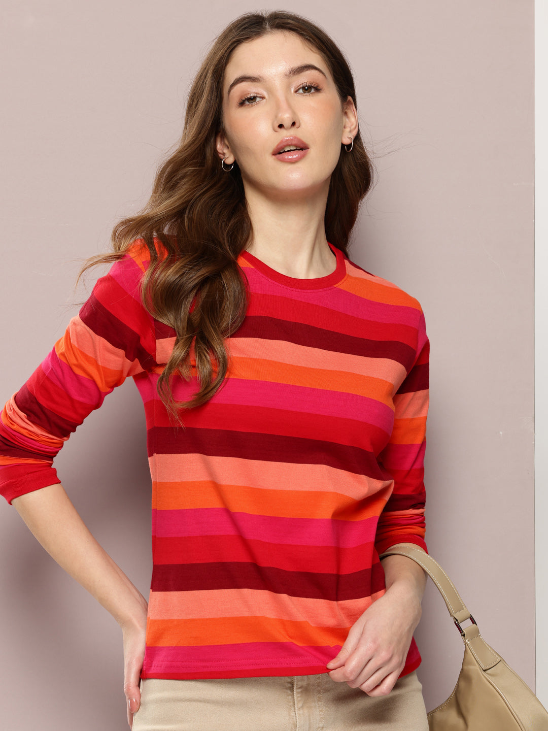 Womens Full Sleeve Round Neck Striped Regular Fit Tshirts