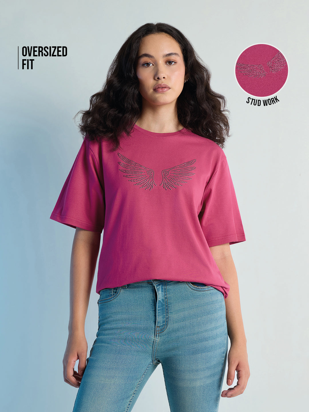 Womens Stud Detailed Oversized Round Neck Tshirt 
