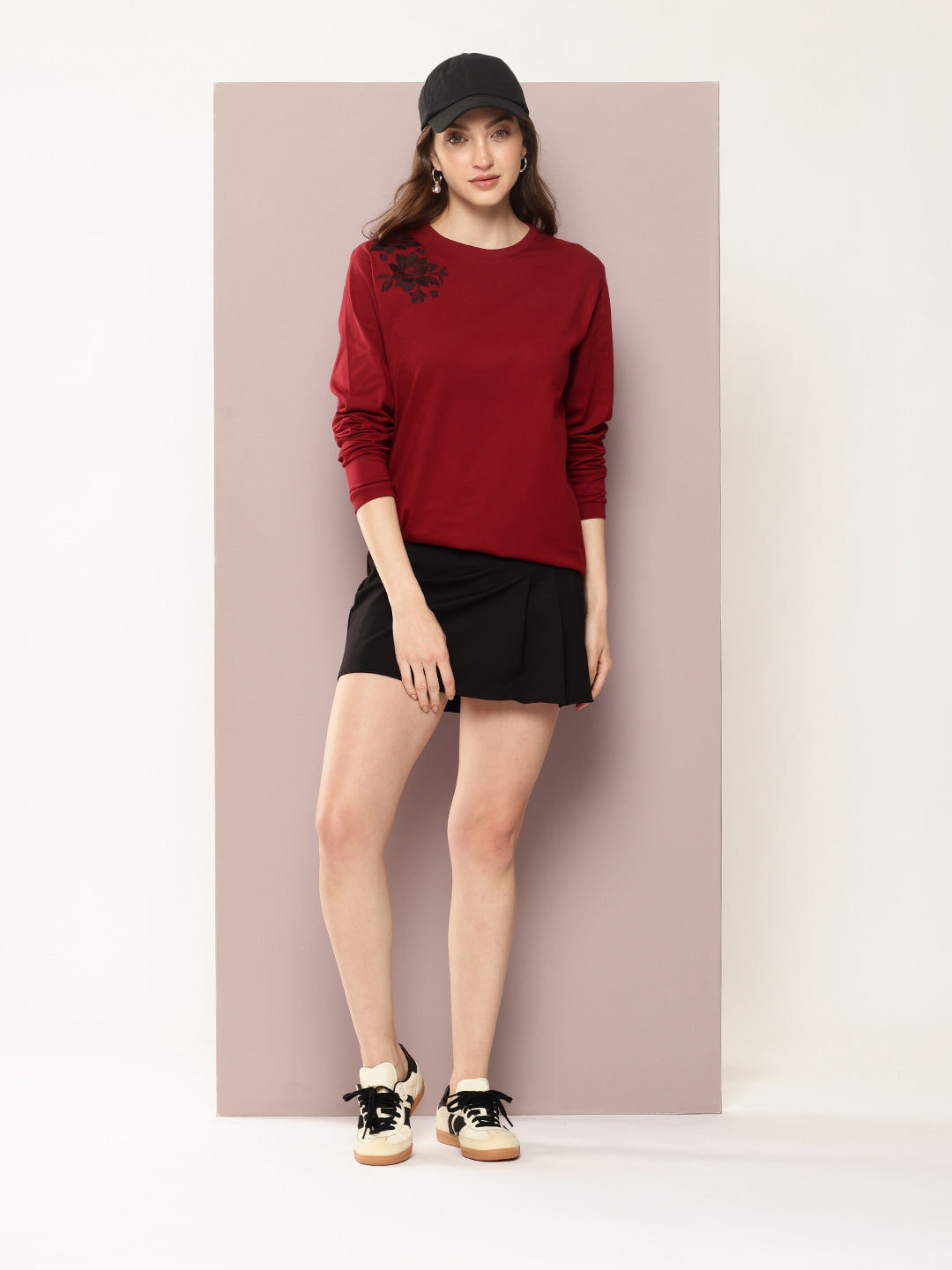 Womens Full Sleeve Round Neck Embroidered Oversized Fit Tshirts
