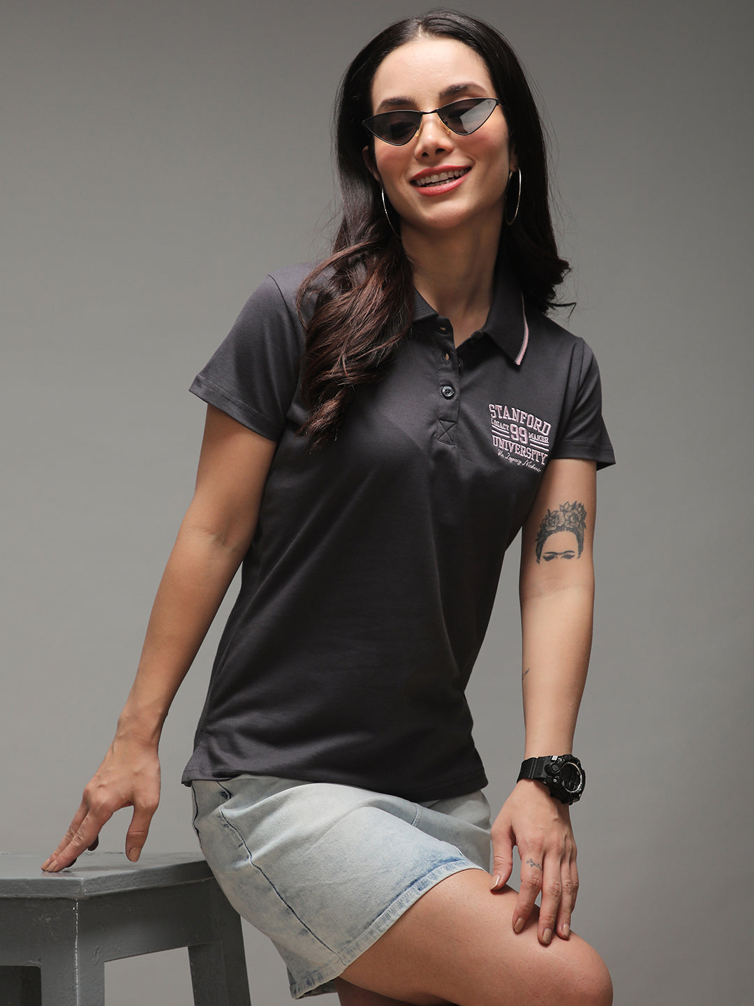 Womens Half Sleeve Polo Neck Solid Regular Fit Tshirts