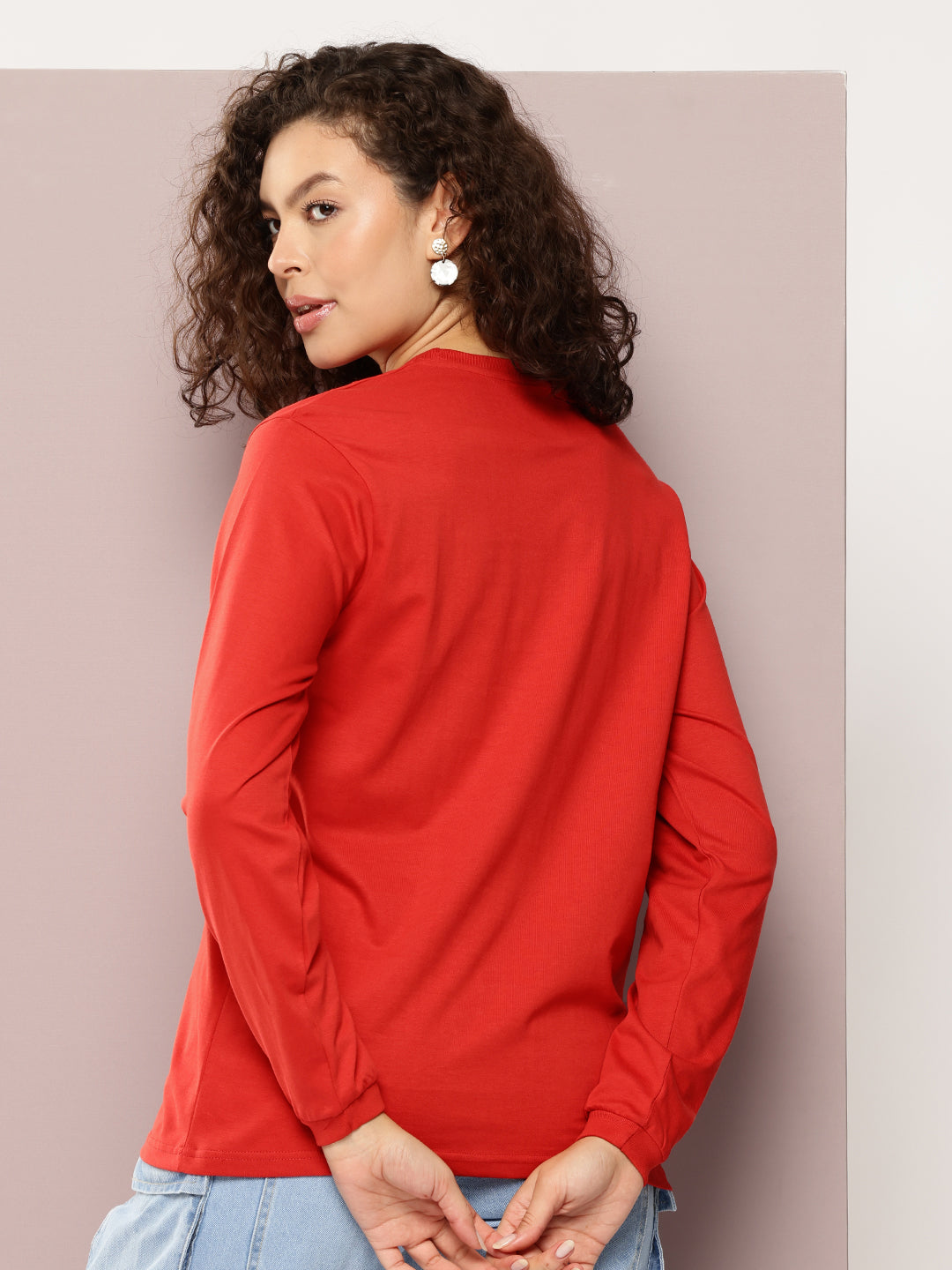 Womens Full Sleeve Round Neck Embroidered Oversized Fit Tshirts