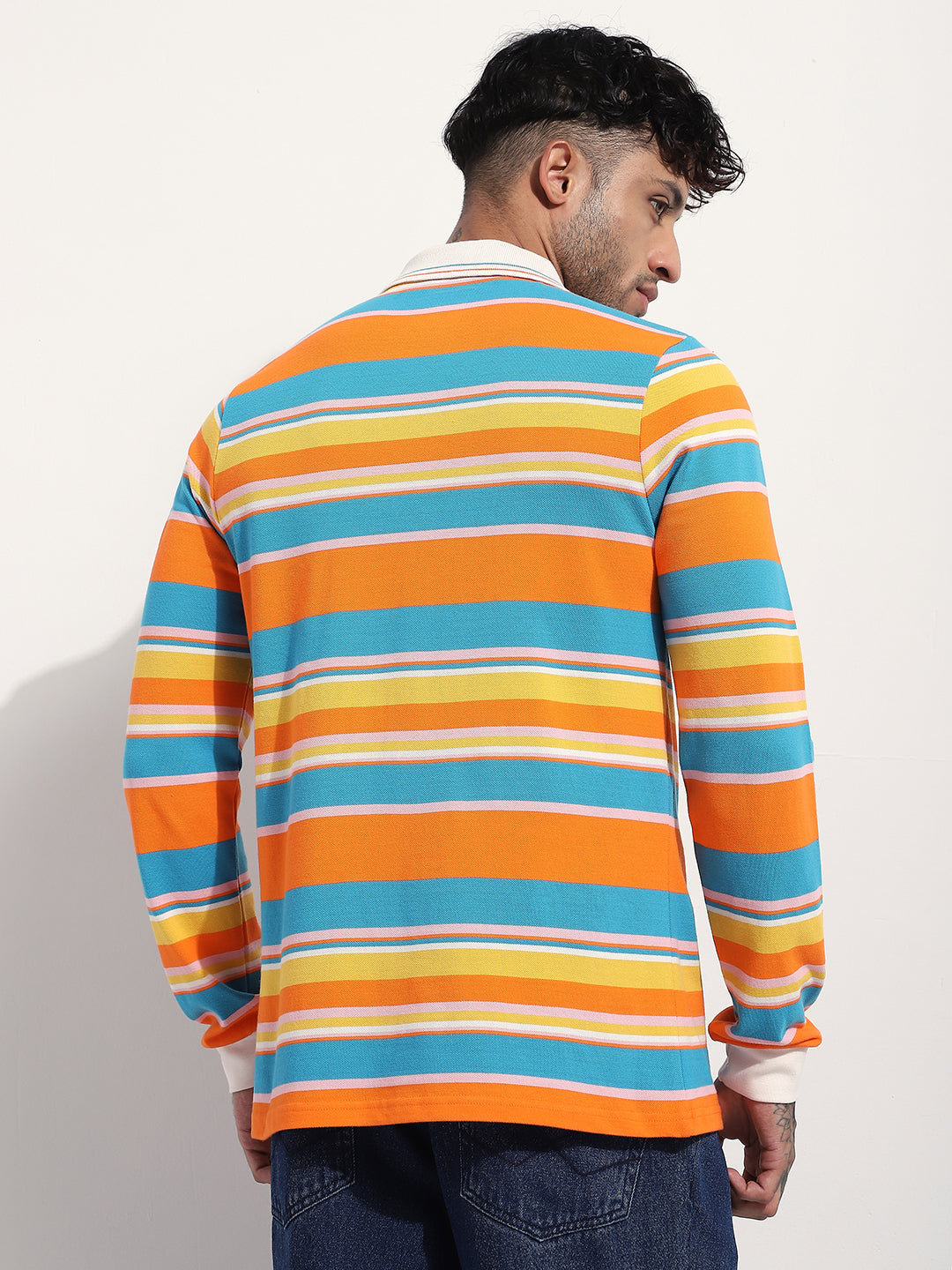 Mens Full Sleeve Polo Neck Striped Regular Fit Tshirts