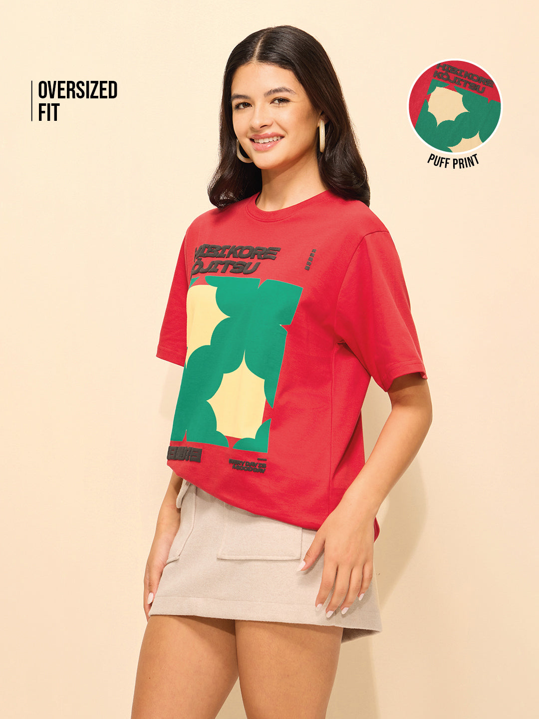 Womens Puff Printed Oversized Fit Cotton T-Shirt