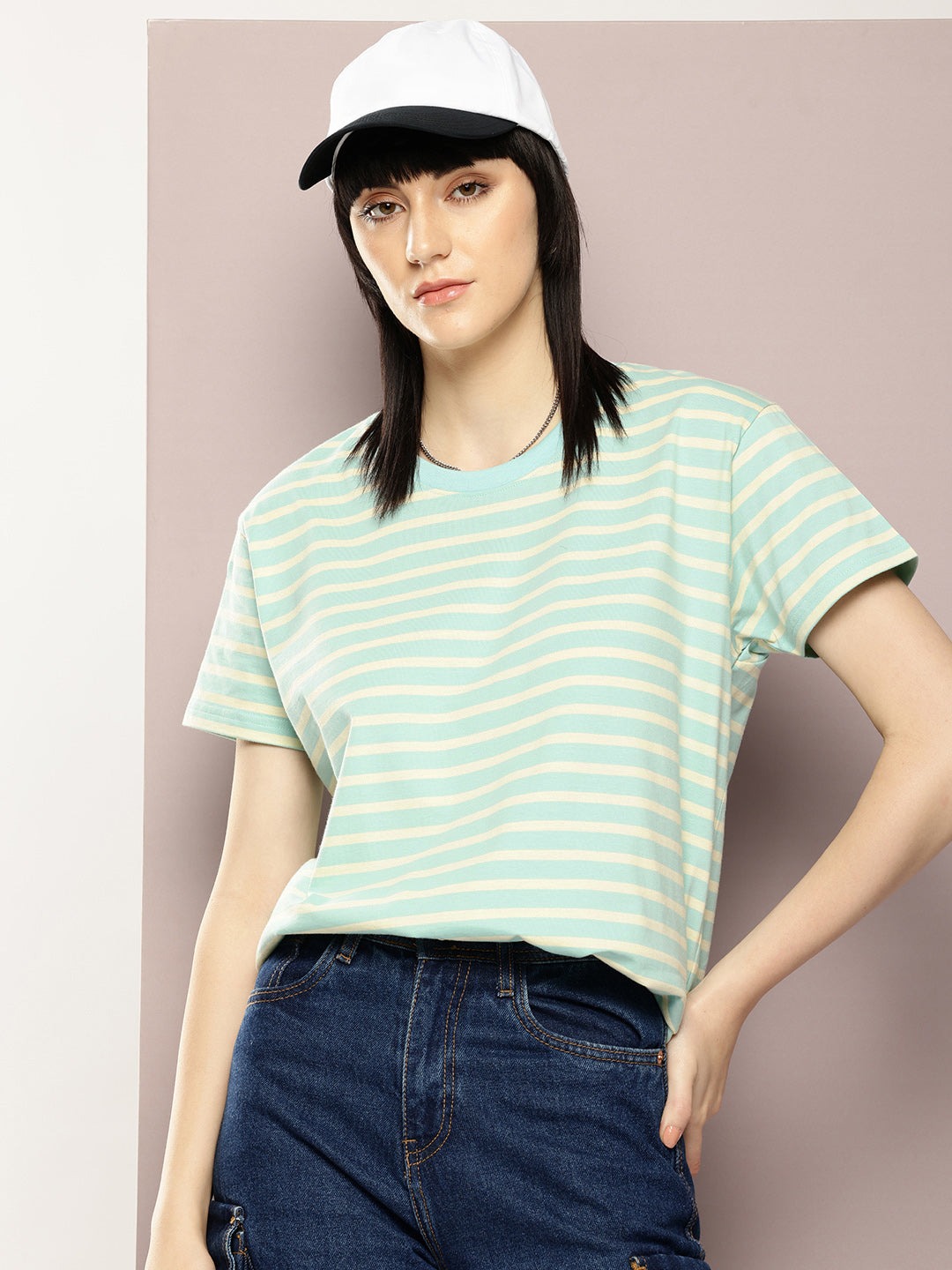 Womens Half Sleeve Round Neck Striped Boxy Fit Tshirts