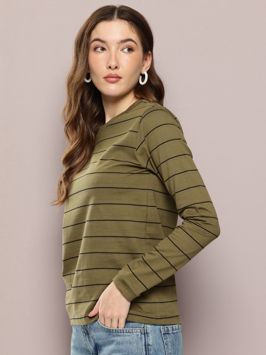 Womens Full Sleeve Round Neck Striped Regular Fit Tshirts