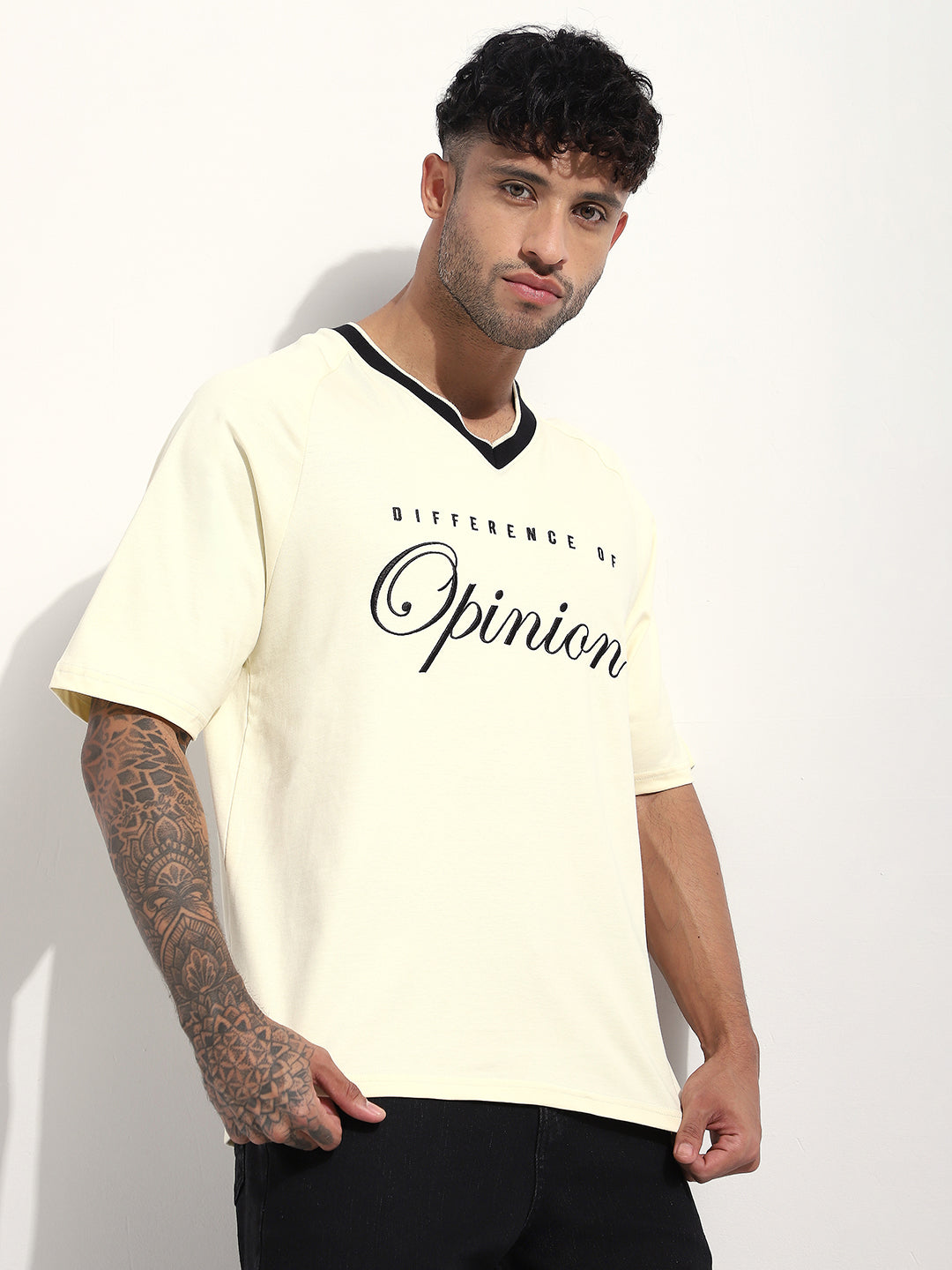 Mens Half Sleeve V-Neck Embroidered Oversized Fit Tshirts