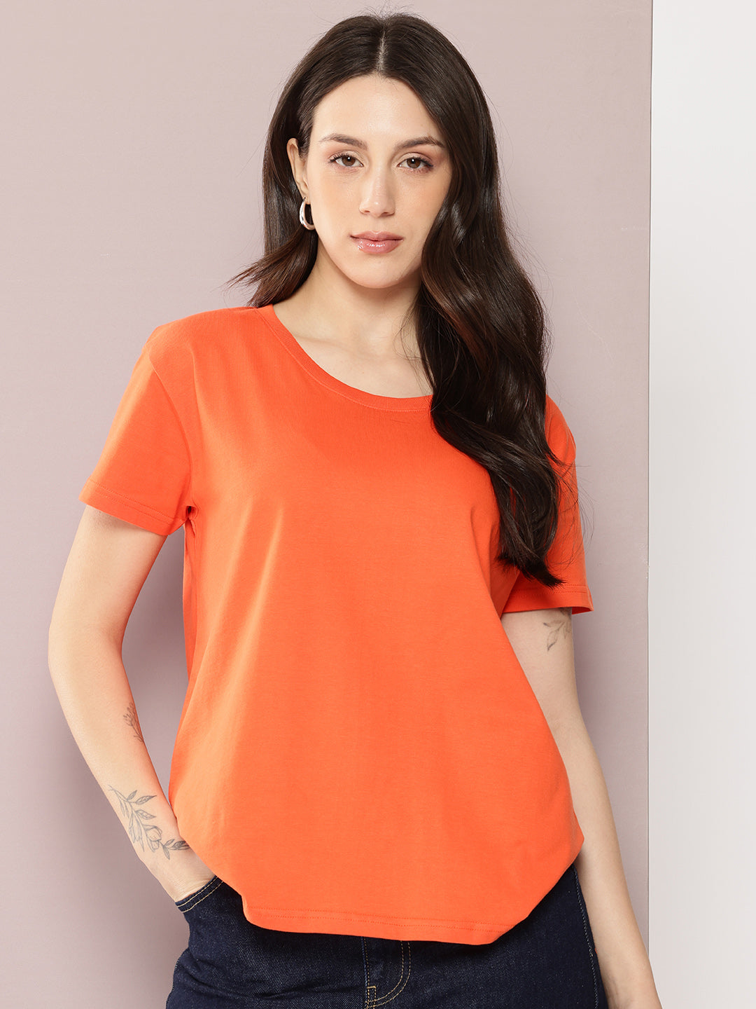 Womens Half Sleeve Round Neck Solid Boxy Fit Tshirts