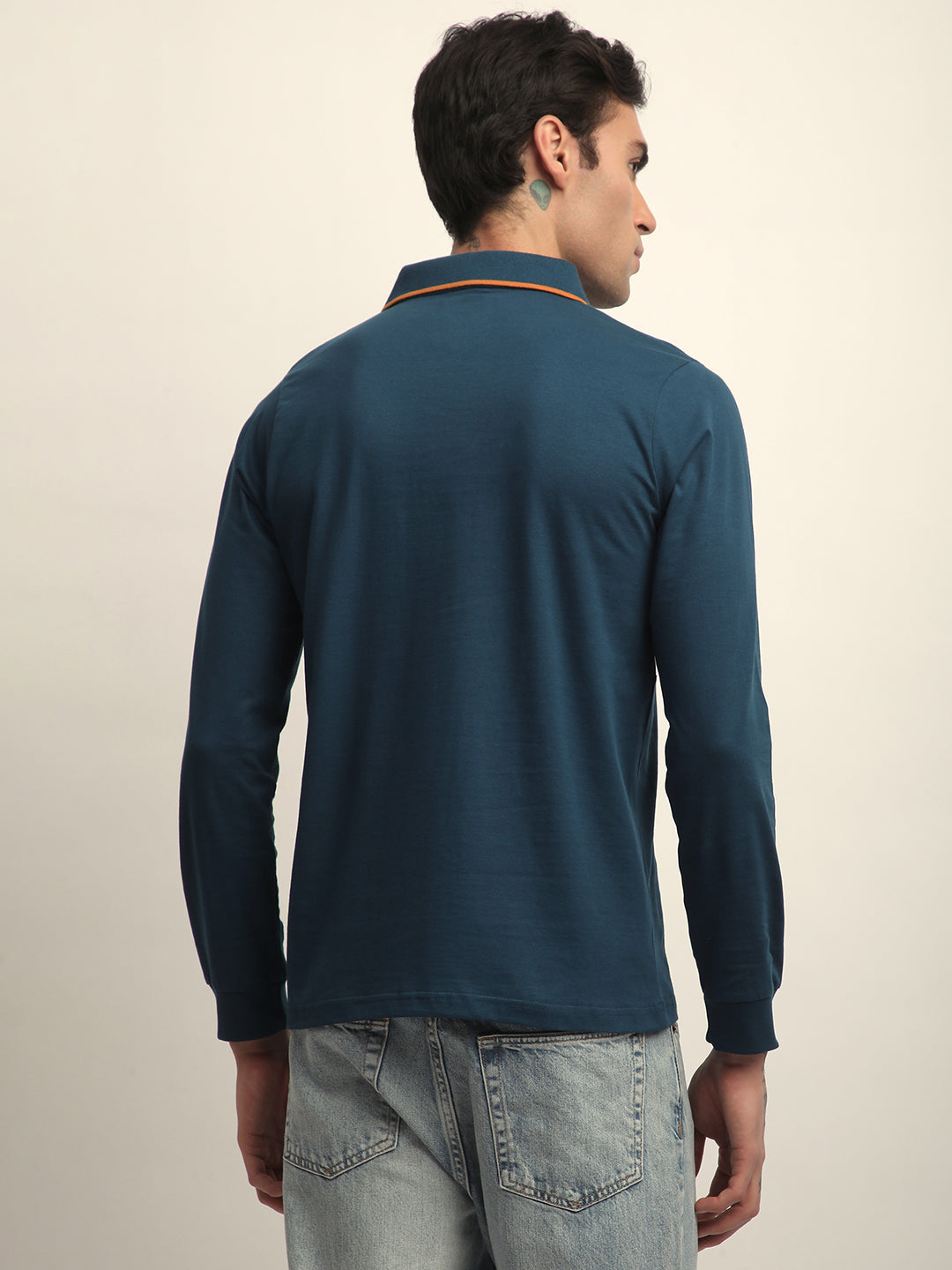 Mens Full Sleeve Polo Neck Self Design Regular Fit Tshirts
