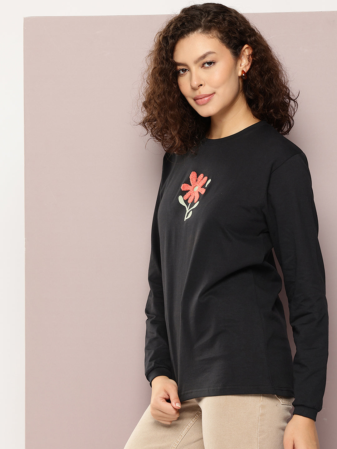 Womens Full Sleeve Round Neck Embroidered Oversized Fit Tshirts
