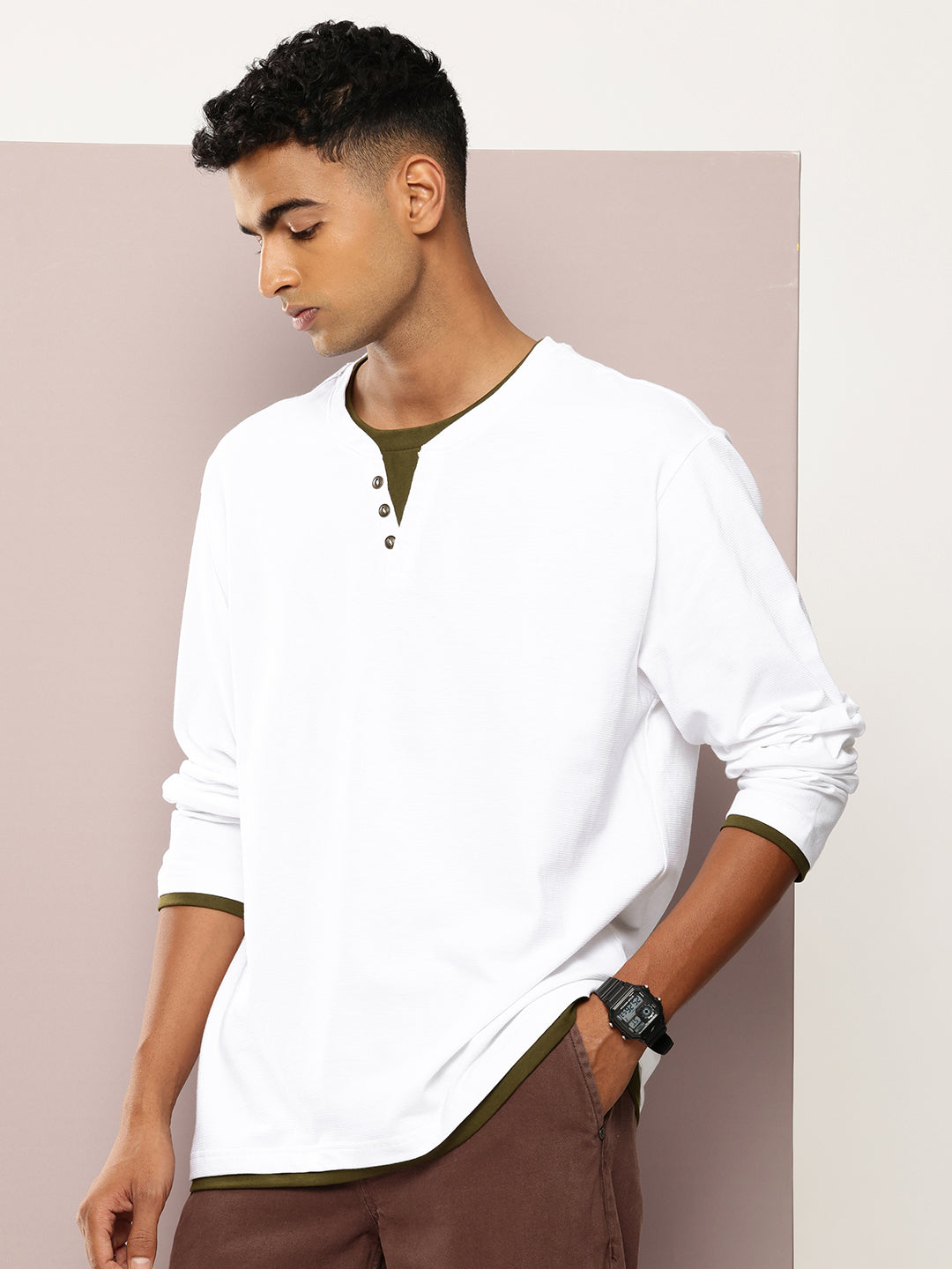 Mens Full Sleeve V-Neck Solid Oversized Fit Tshirts