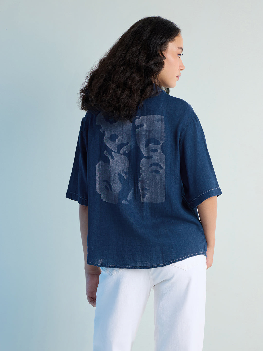 Womens Laser Printed Boxy Regular Cuban Collar Neck Denim Shirt