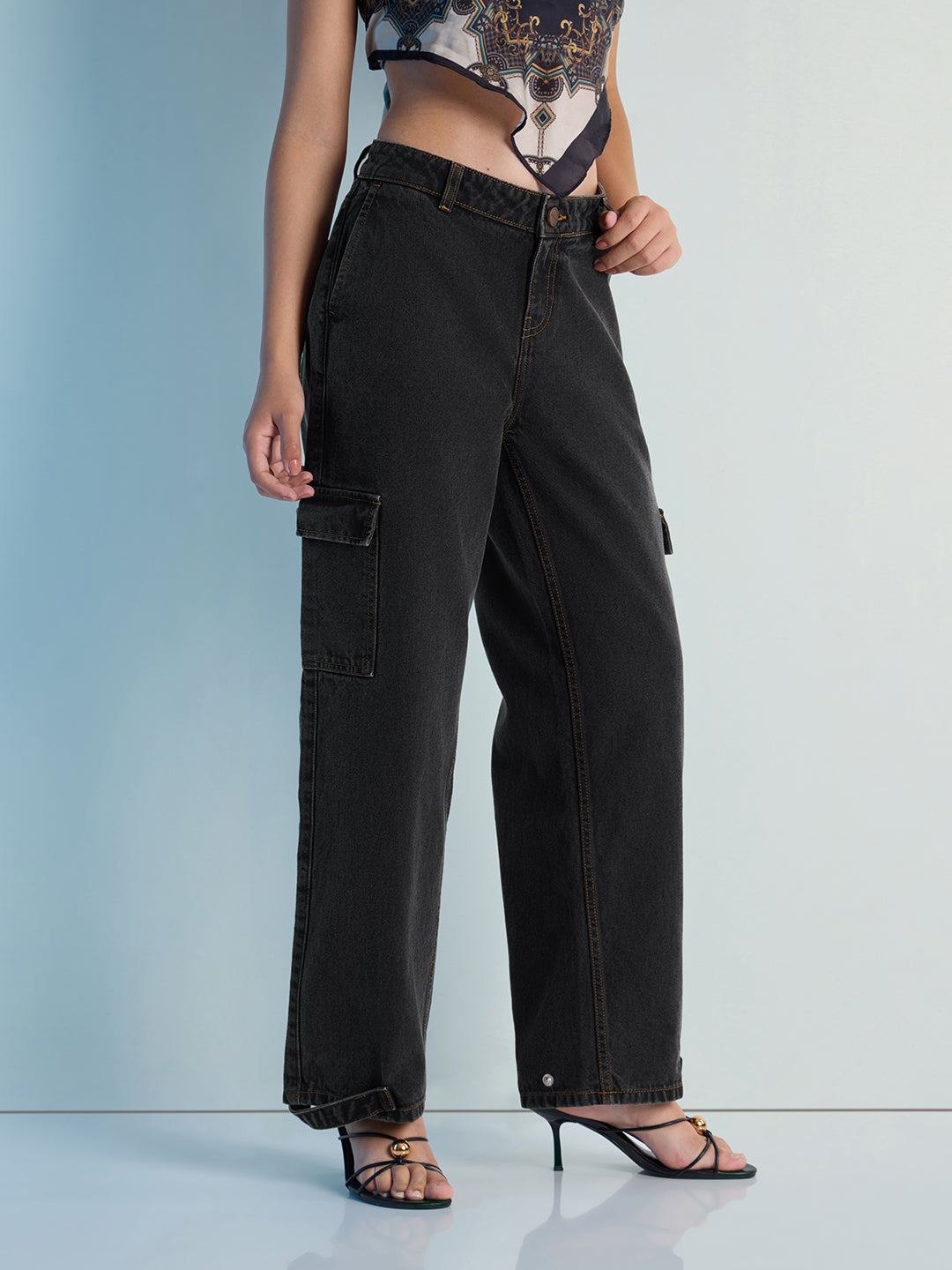 Womens Straight Fit Cargo Denim Jeans Pant
