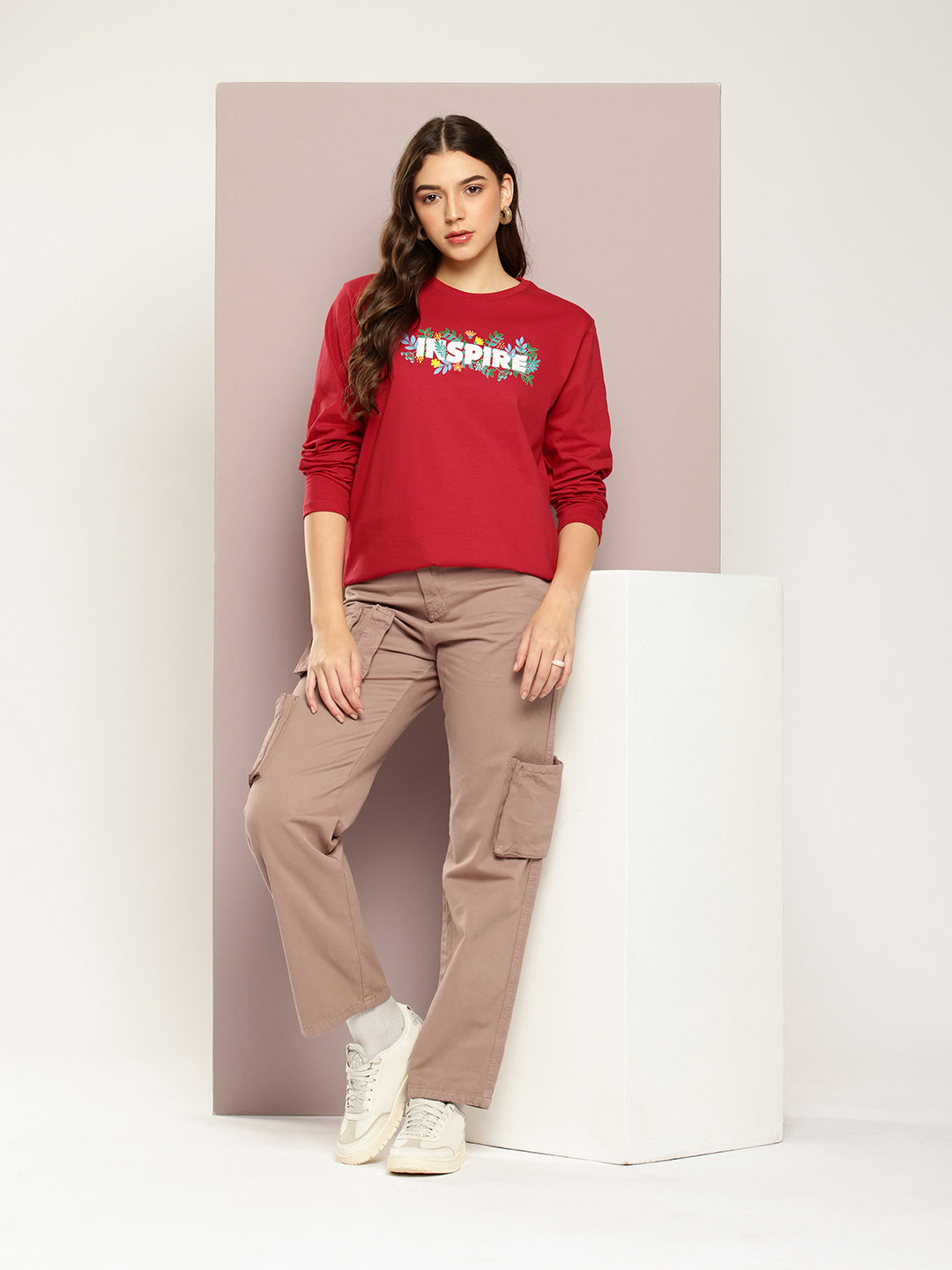 Womens Full Sleeve Round Neck Printed Oversized Fit Tshirts