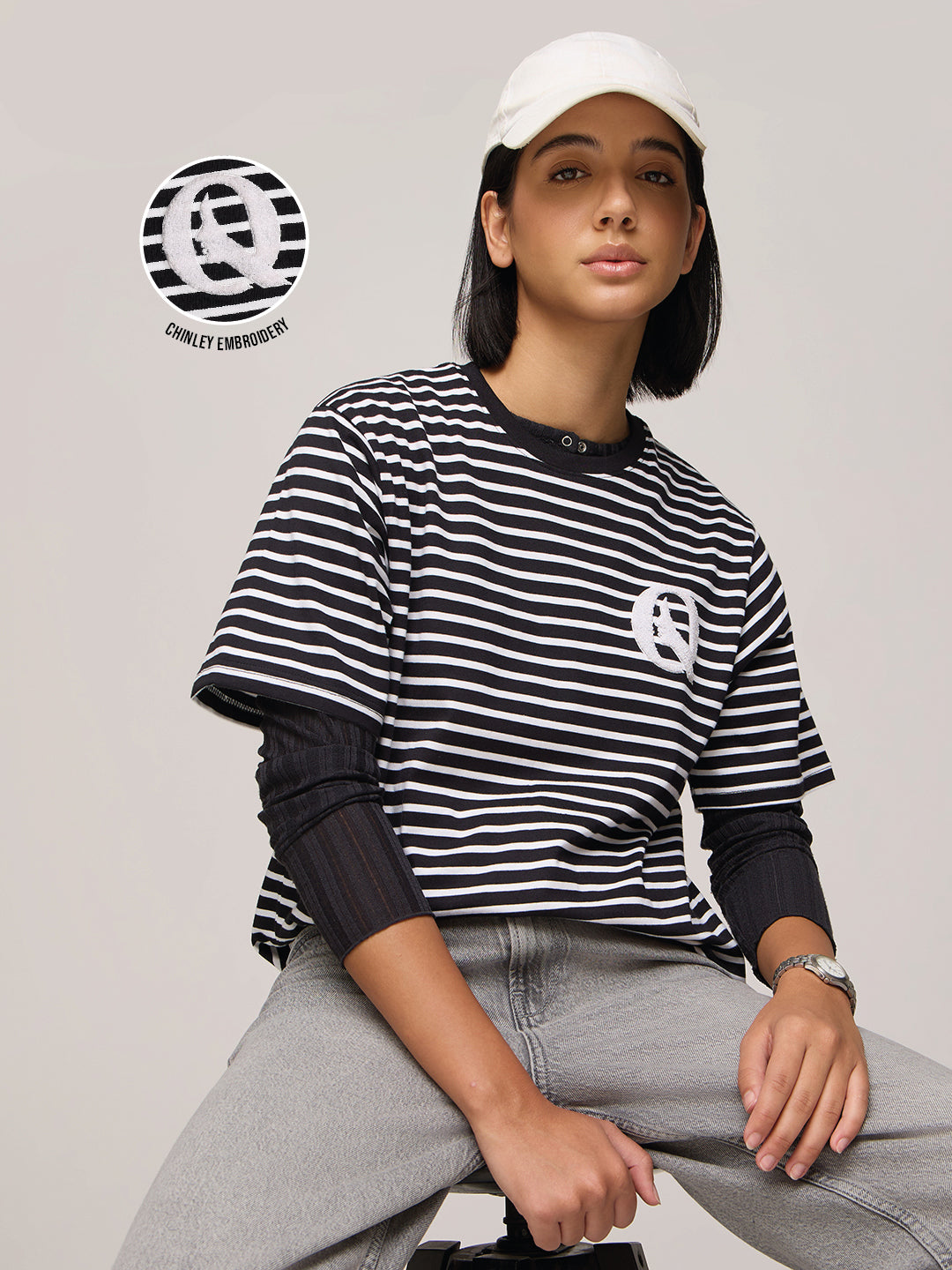 Womens Striped Oversized Fit Cotton T-Shirt