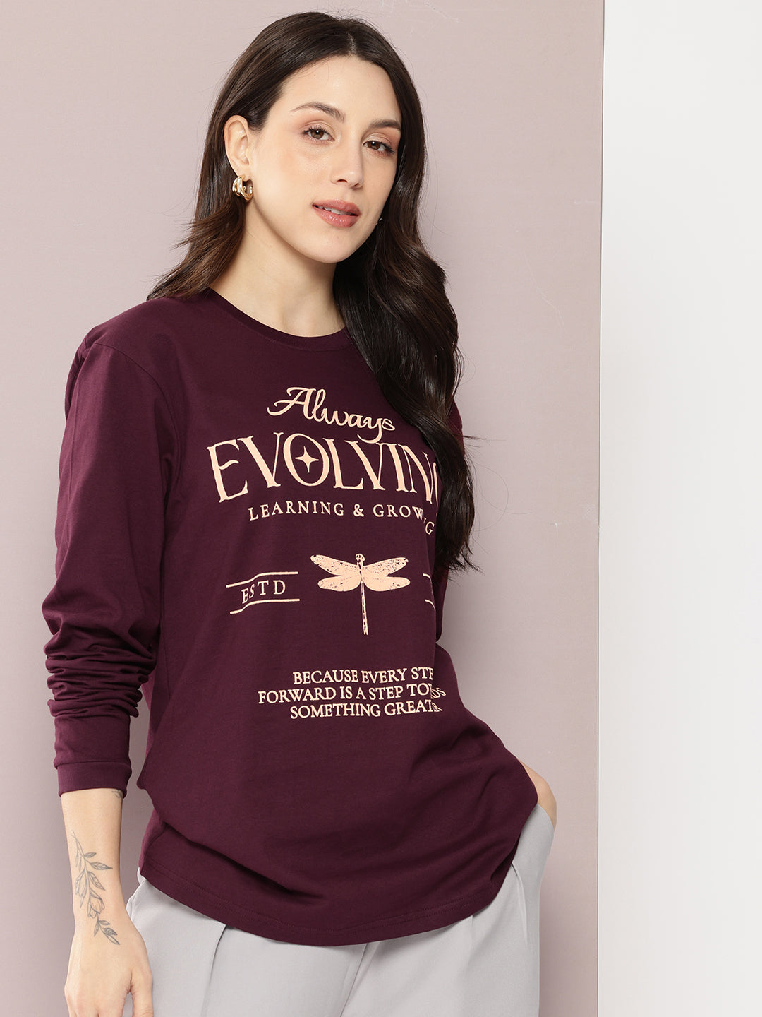 Womens Full Sleeve Round Neck Printed Oversized Fit Tshirts