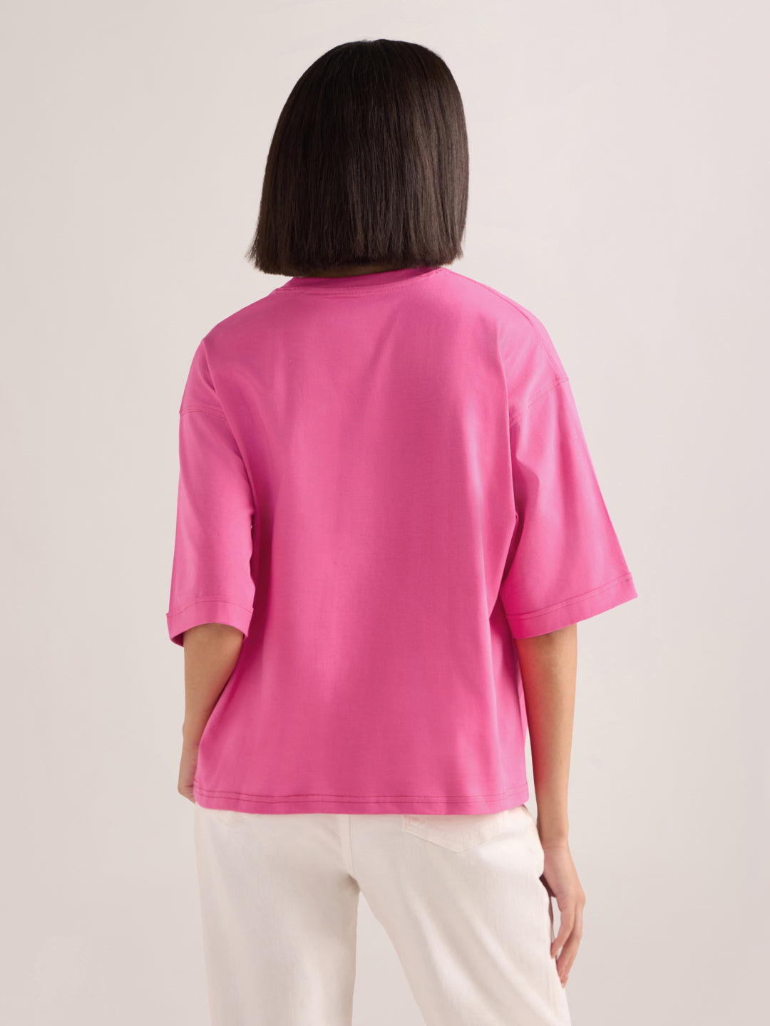 Womens Embroidery Boxy Regular Fit Cut & Sew Cotton Tshirt