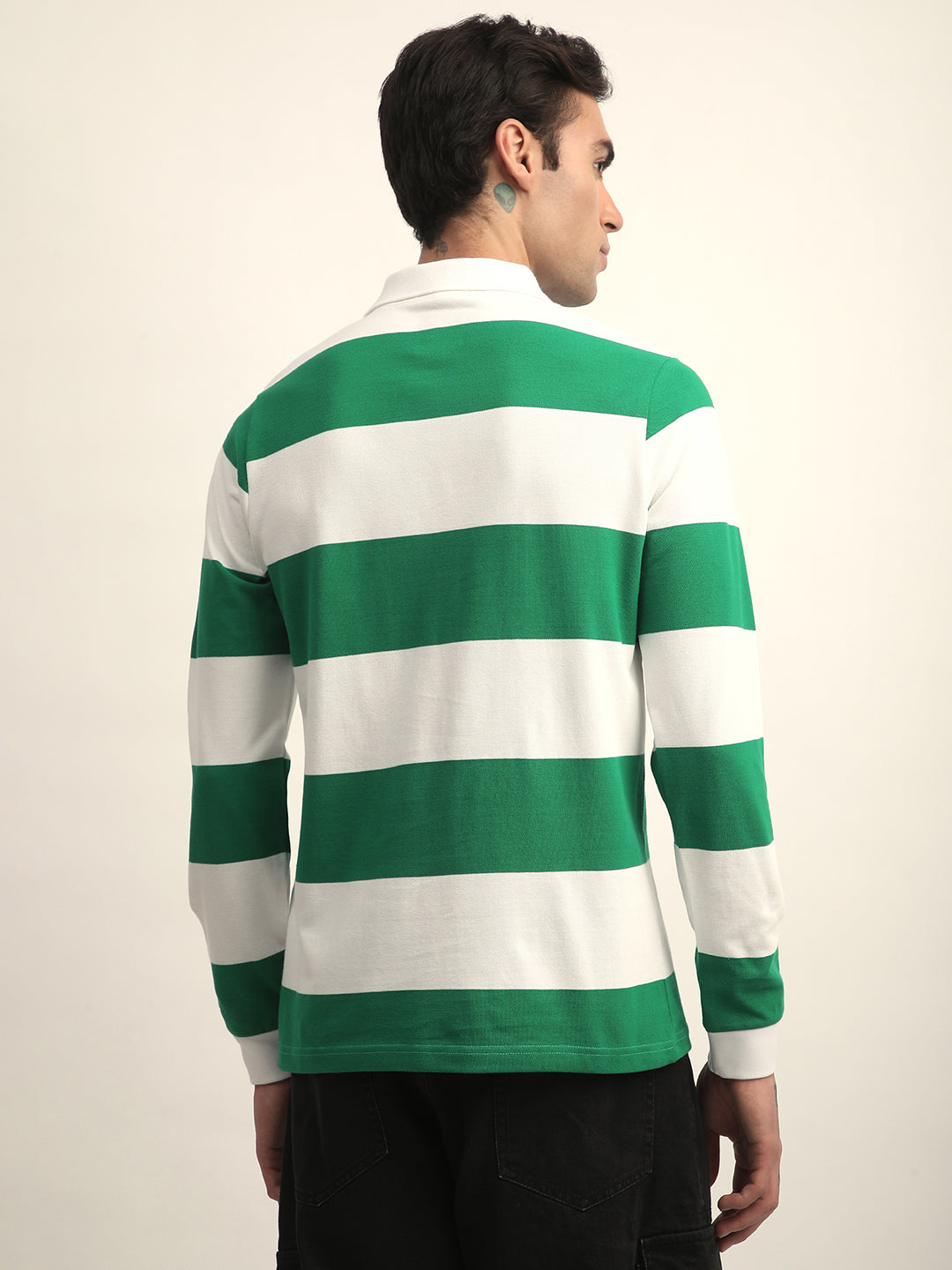 Mens Full Sleeve Polo Neck All-Over Striped Regular Fit Tshirts