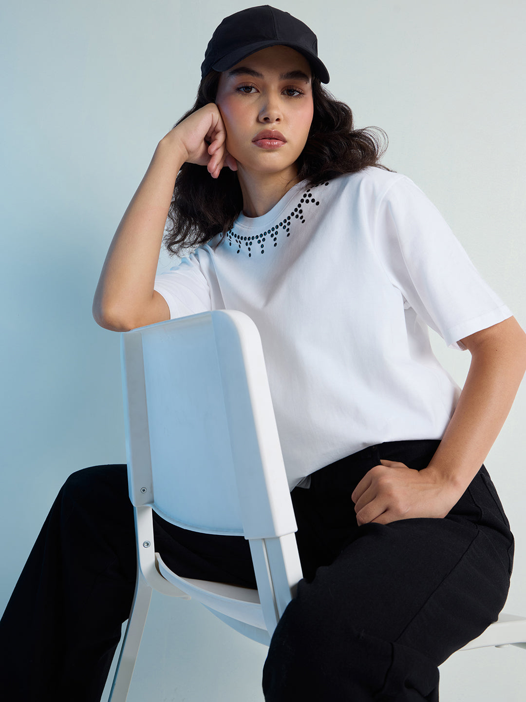 Womens Stud Detailed Oversized Round Neck Tshirt 