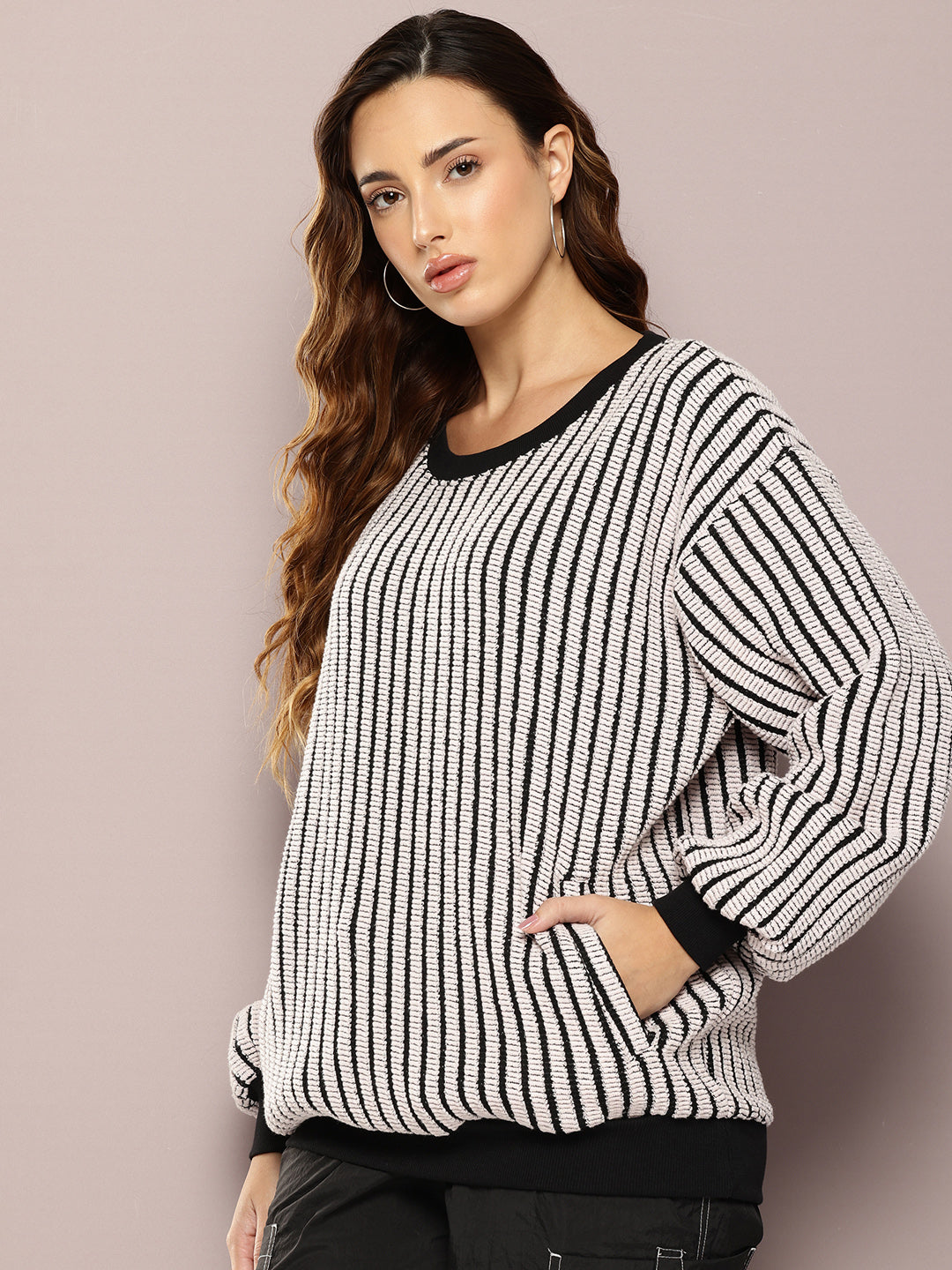 Women Long Sleeve Oversized Striped Sweatshirt