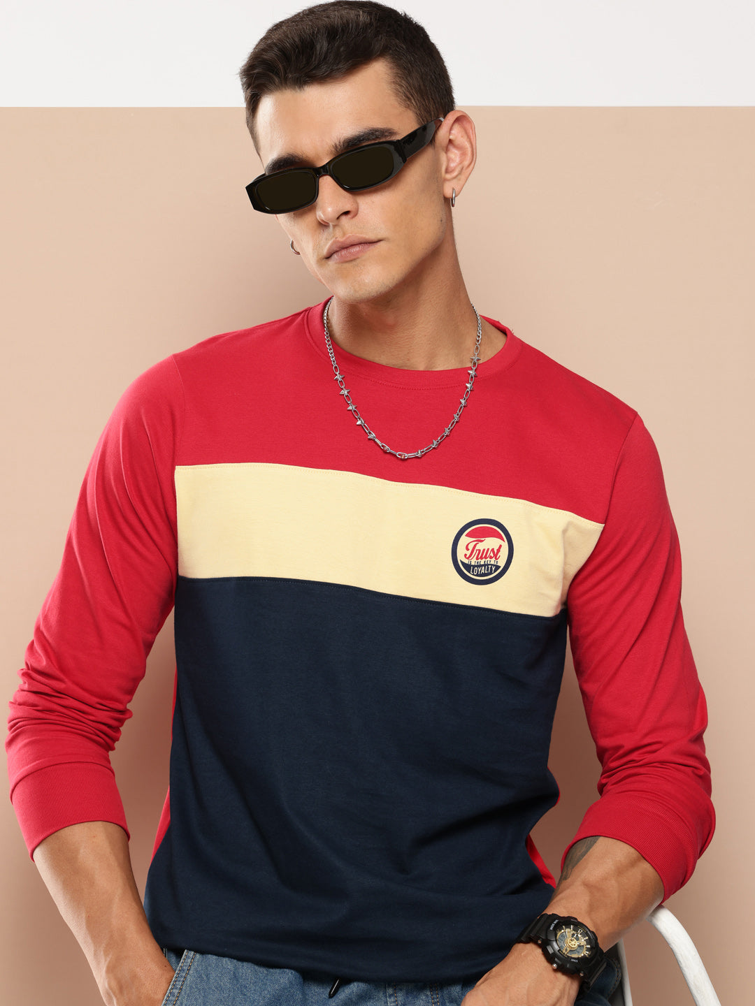 Mens Full Sleeve Round Neck Colourblocked Regular Fit Tshirts