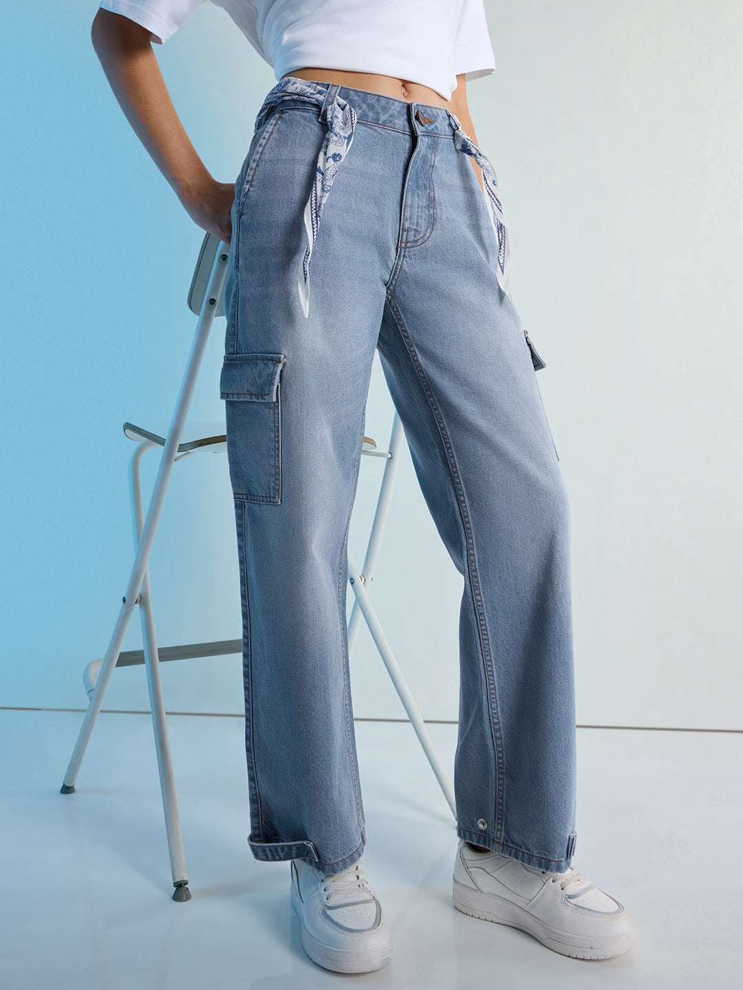 Womens Straight Fit Cargo Denim Jeans Pant