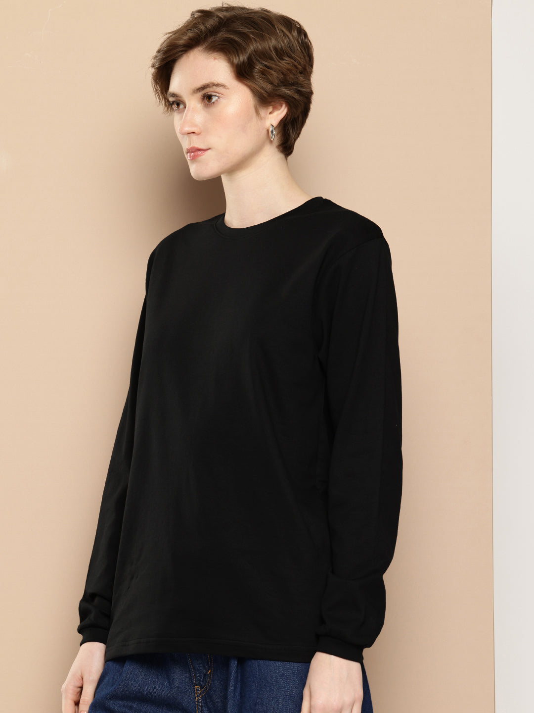 Womens Full Sleeve Round Neck Back Printed Oversized Fit Tshirts