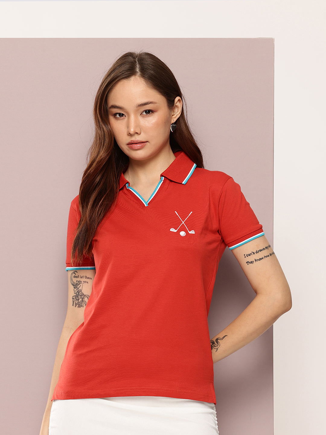 Womens Half Sleeve Polo Neck Embroidered Regular Fit Tshirts