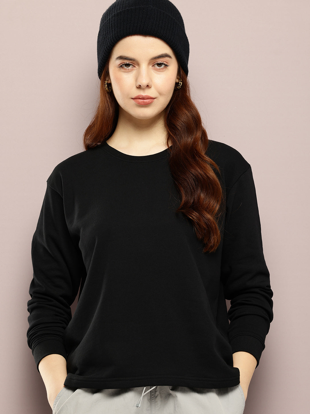 Womens Full Sleeve Round Neck Solid Boxy Fit Tshirts