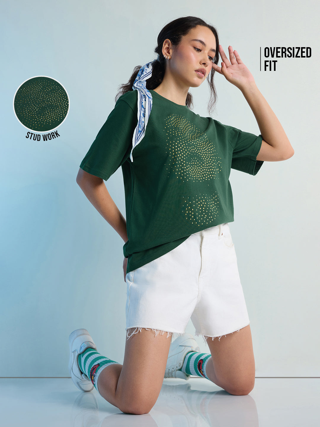 Womens Stud Detailed Oversized Round Neck Tshirt 