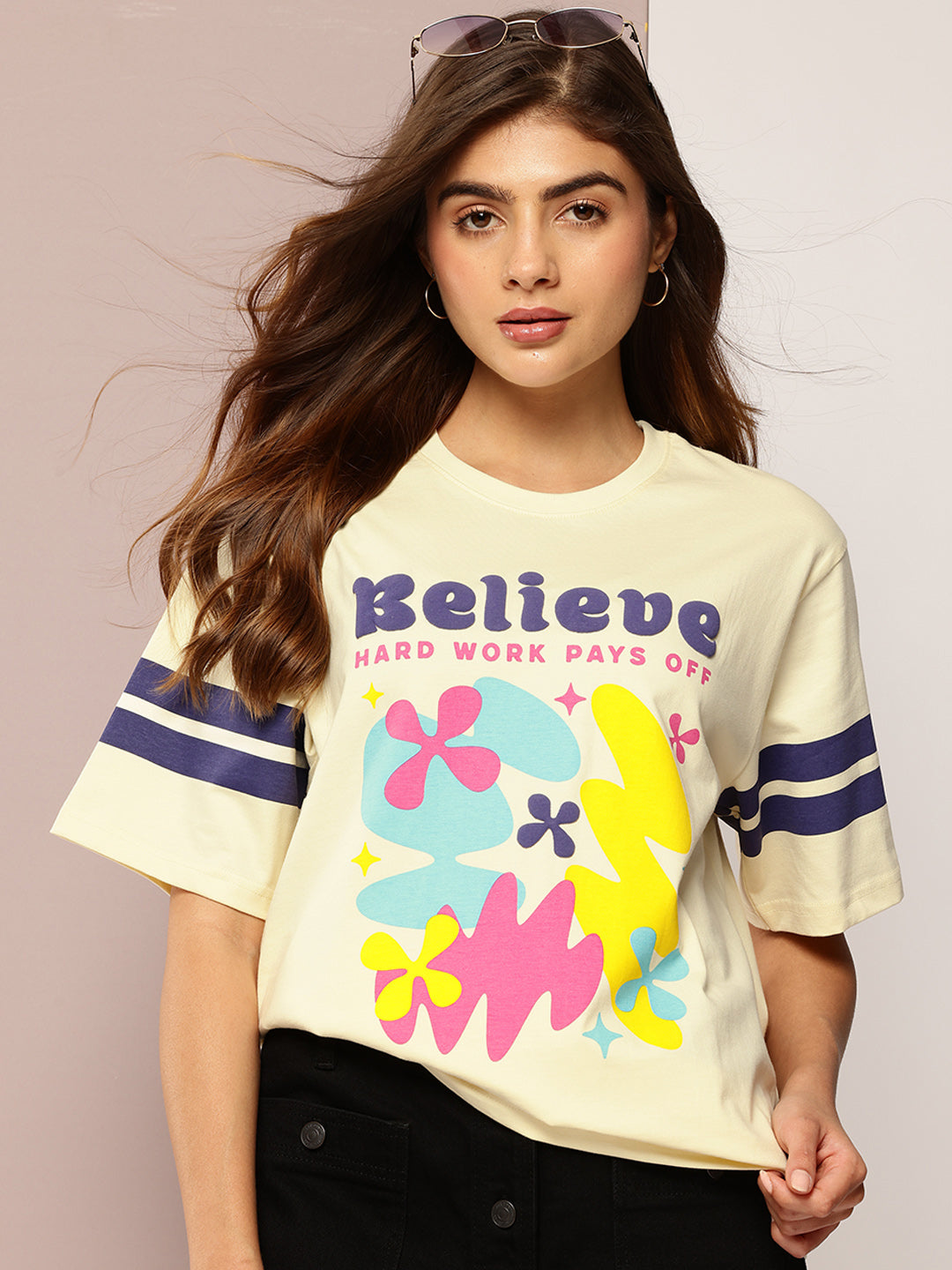 Womens Short Sleeve Puff Printed Oversized Fit Tshirt