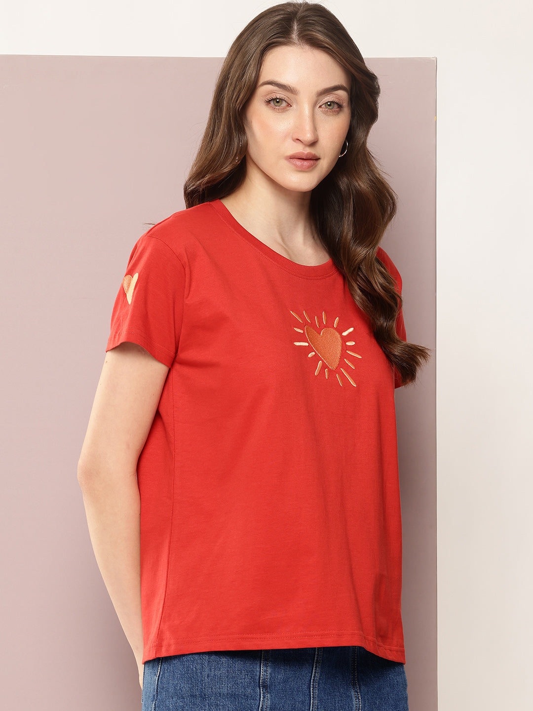 Womens Half Sleeve Round Neck Embroidered Boxy Fit Tshirts