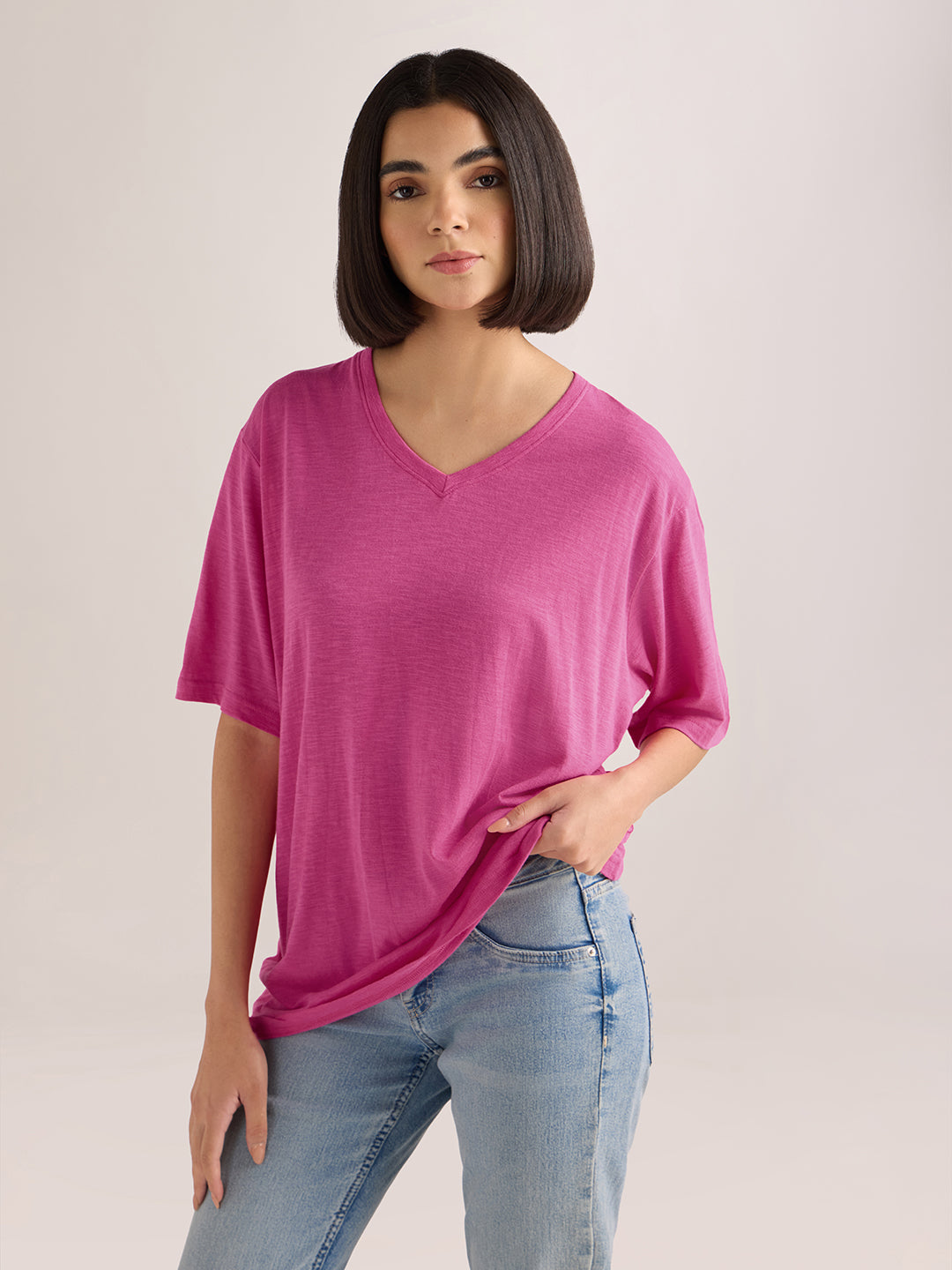 Womens Solid Oversized Cotton Modal V-Neck Tshirt