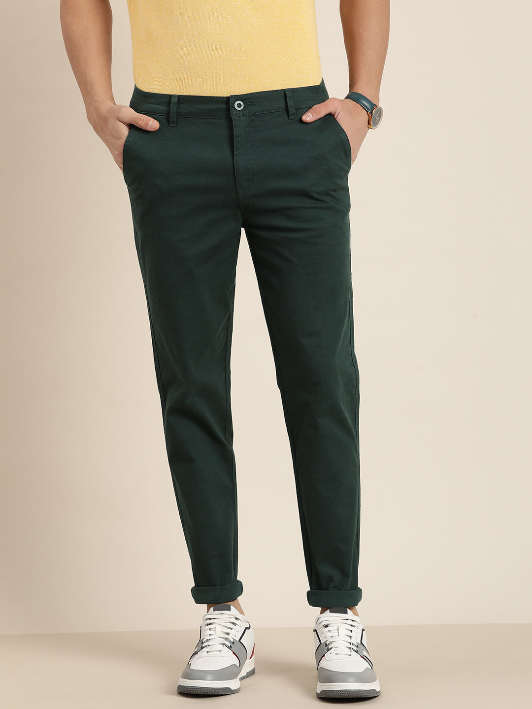 Men Solid Ankle-Length Chinos Trousers
