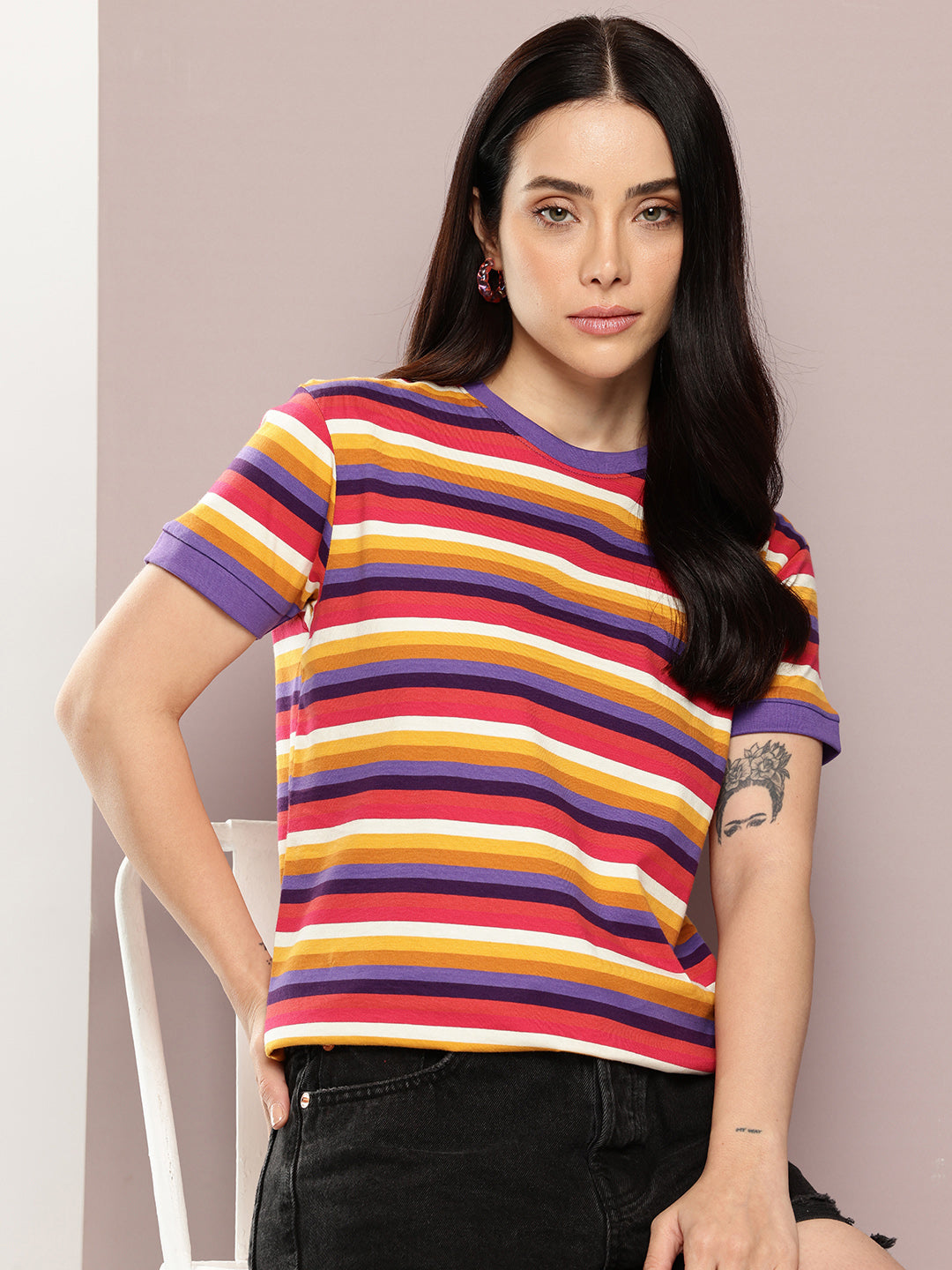 Womens Half Sleeve Round Neck All-Over Striped Regular Fit Tshirts