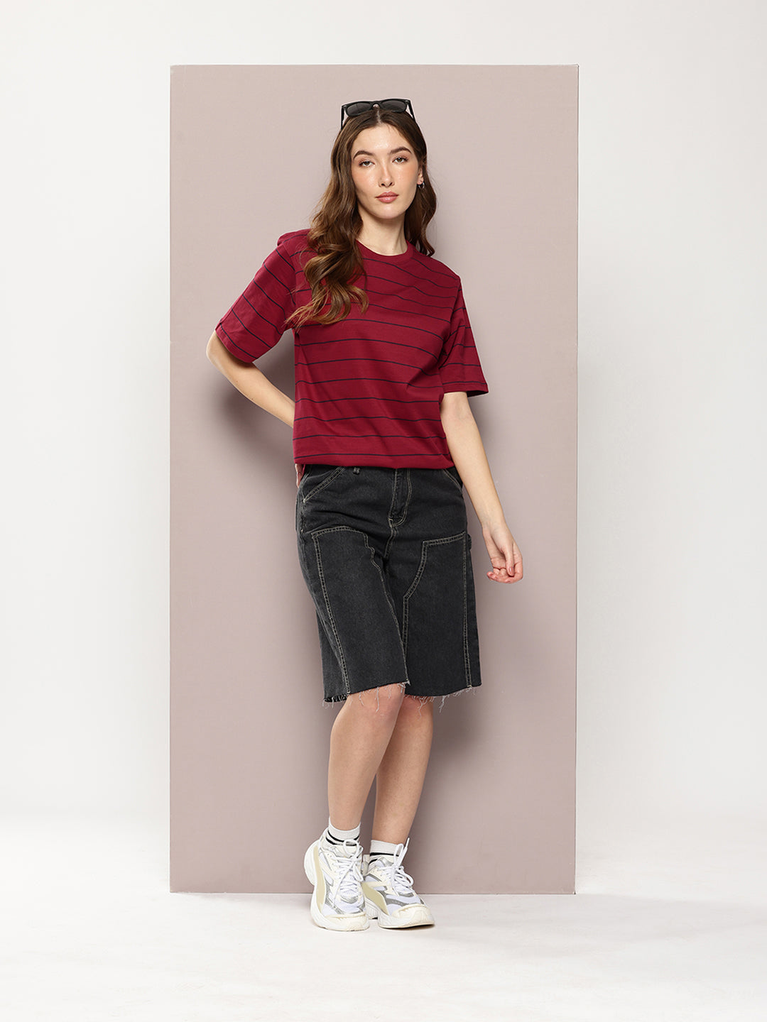 Womens Half Sleeve Round Neck Striped Oversized Fit Tshirts