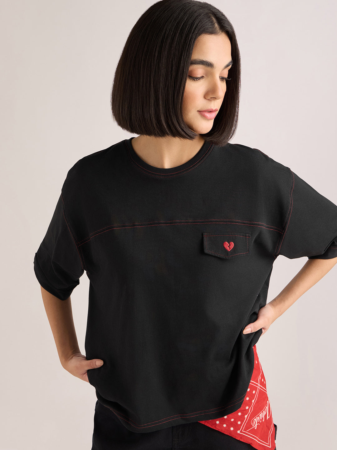 Womens Embroidery Boxy Regular Fit Cut & Sew Cotton Tshirt