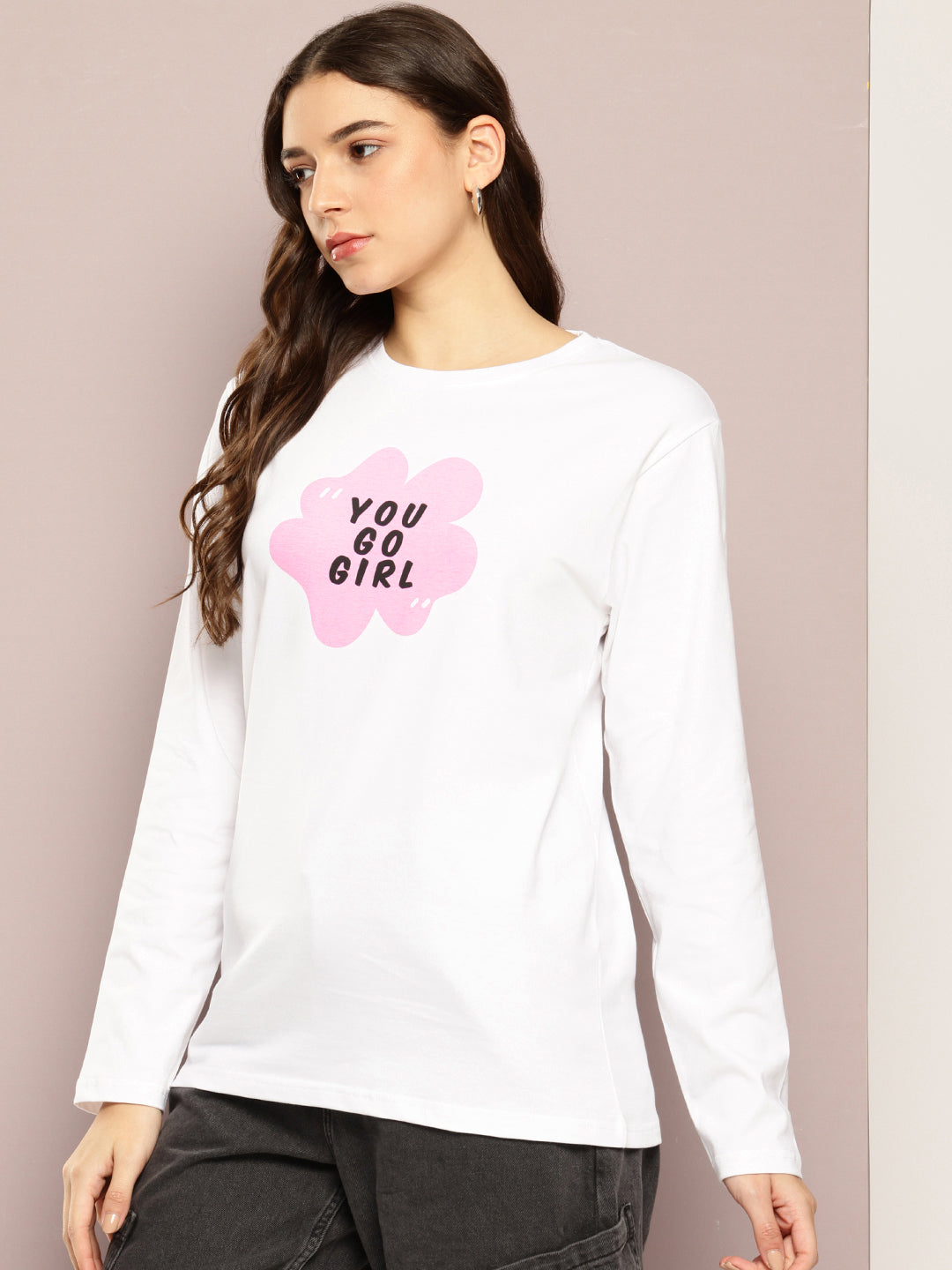 Womens Full Sleeve Round Neck Printed Oversized Fit Tshirts