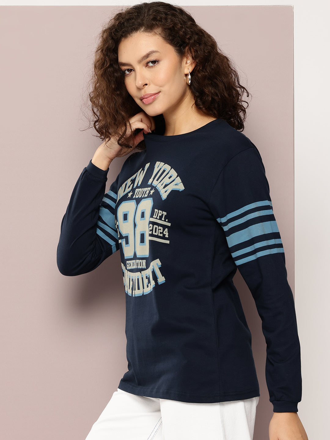 Womens Full Sleeve Round Neck Printed Oversized Fit Tshirts