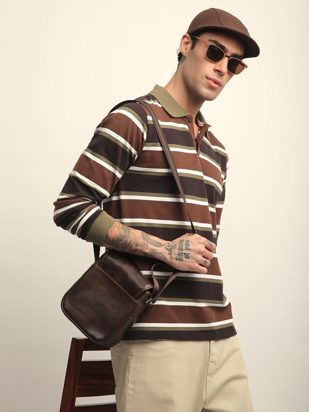 Mens Full Sleeve Polo Neck All-Over Striped Regular Fit Tshirts