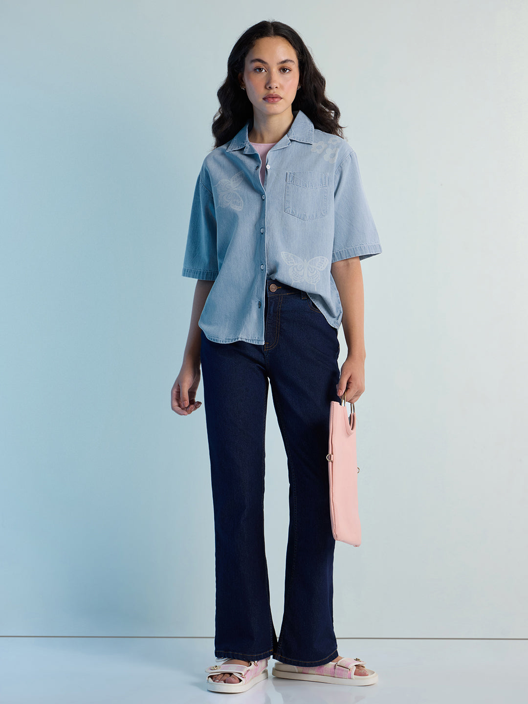 Womens Embroidery Boxy Regular Cuban Collar Neck Denim Shirt