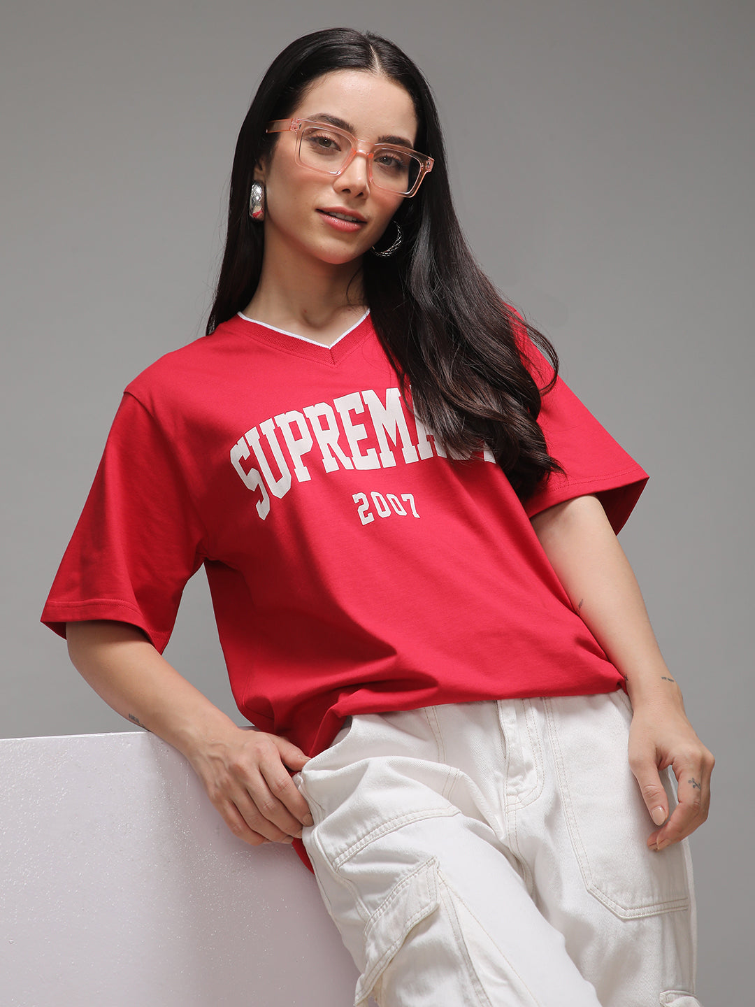 Womens Half Sleeve V-Neck Printed Oversized Fit Tshirts