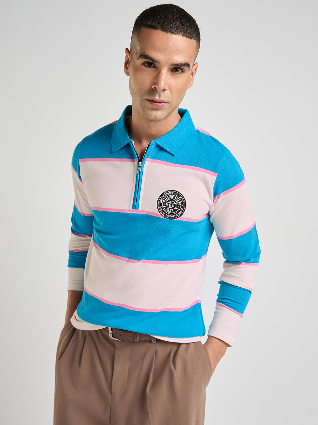 Mens Bold Stripes Regular Fit Zipper Polo Tshirt