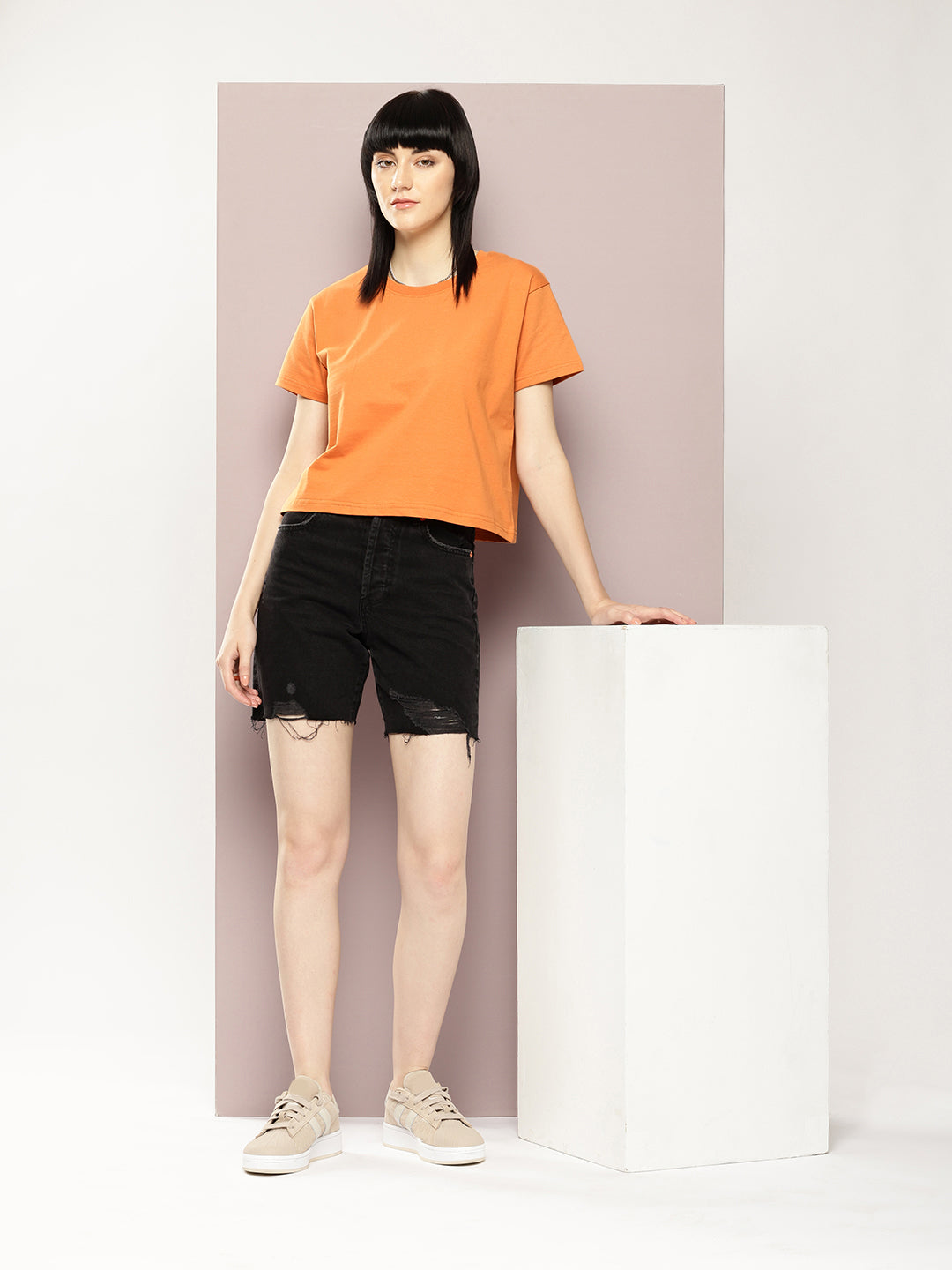 Womens Half Sleeve Round Neck Solid Boxy Fit Tshirts