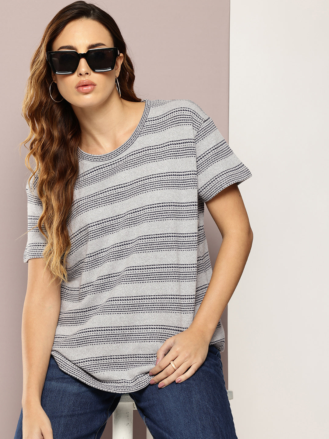 Womens Half Sleeve Round Neck All-Over Striped Boxy Fit Tshirts