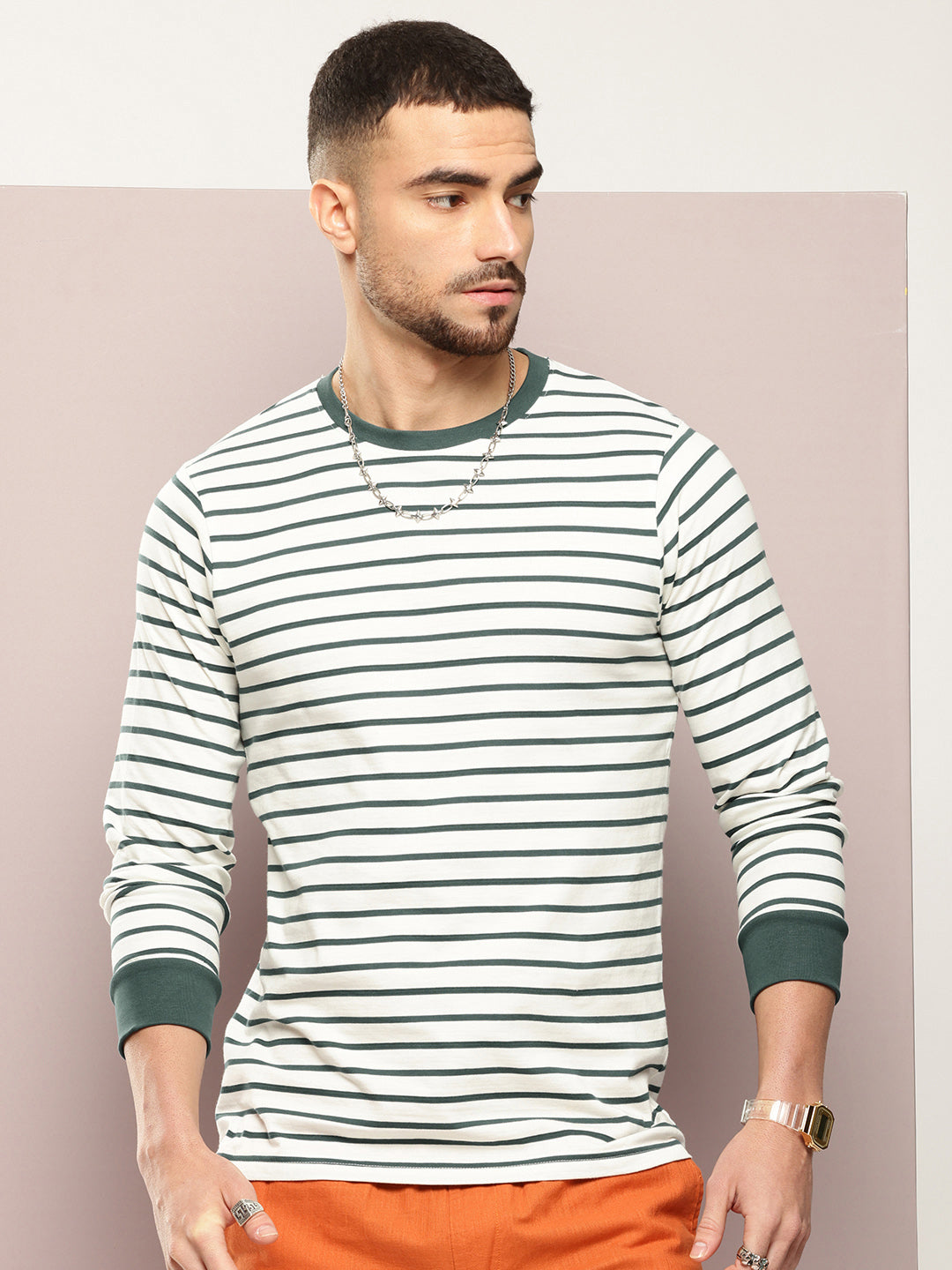 Mens Full Sleeve Round Neck Striped Regular Fit Tshirts