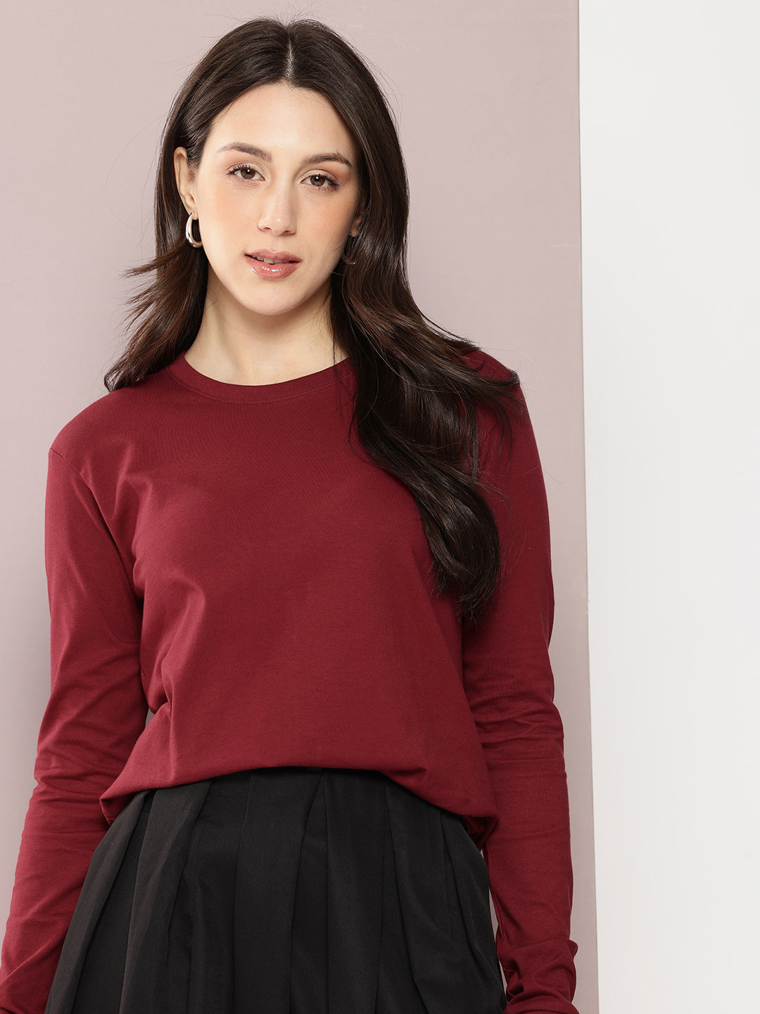 Womens Full Sleeve Round Neck Solid Regular Fit Tshirts