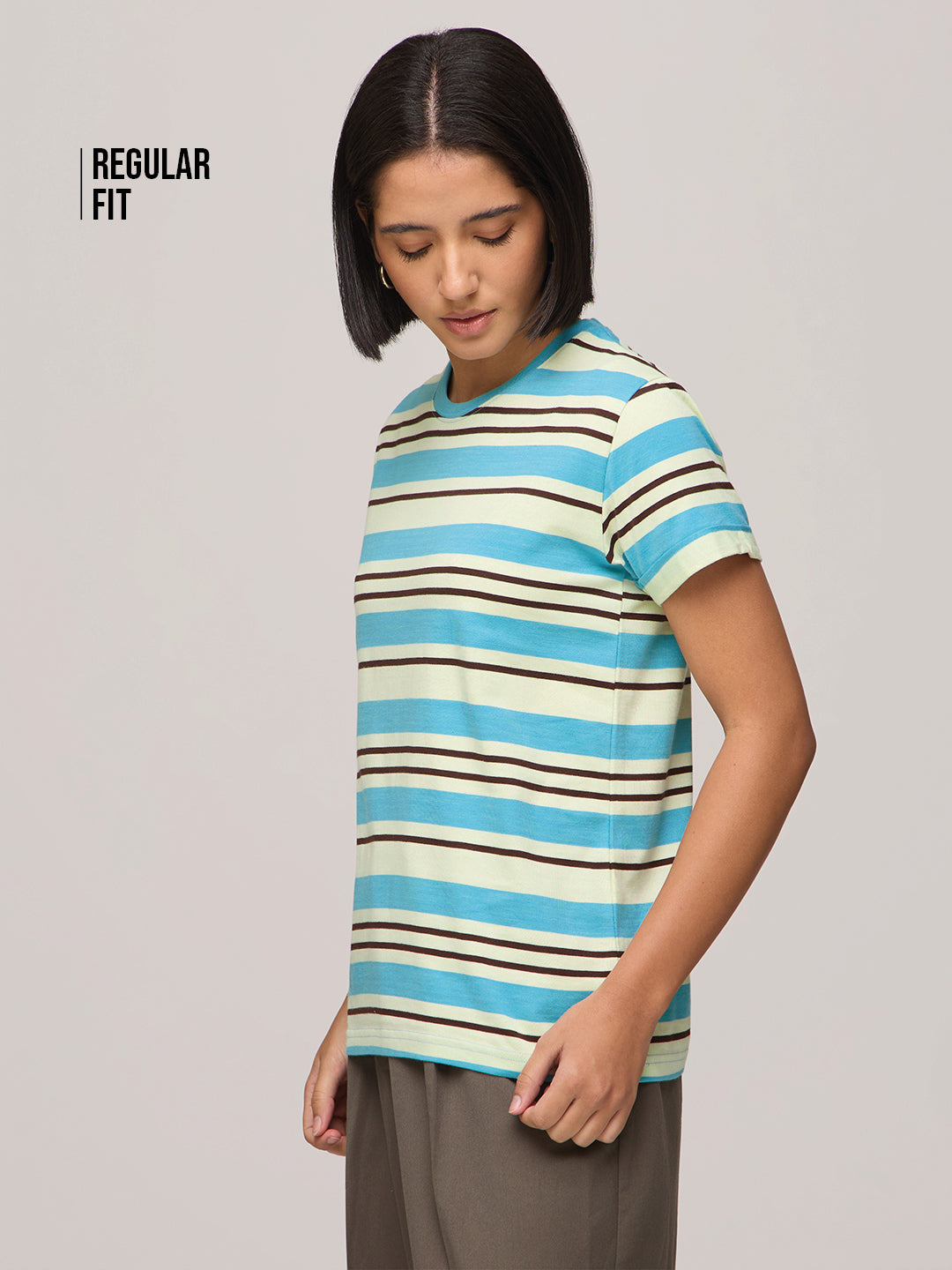 Womens Striped Regular Fit Cotton T-Shirt