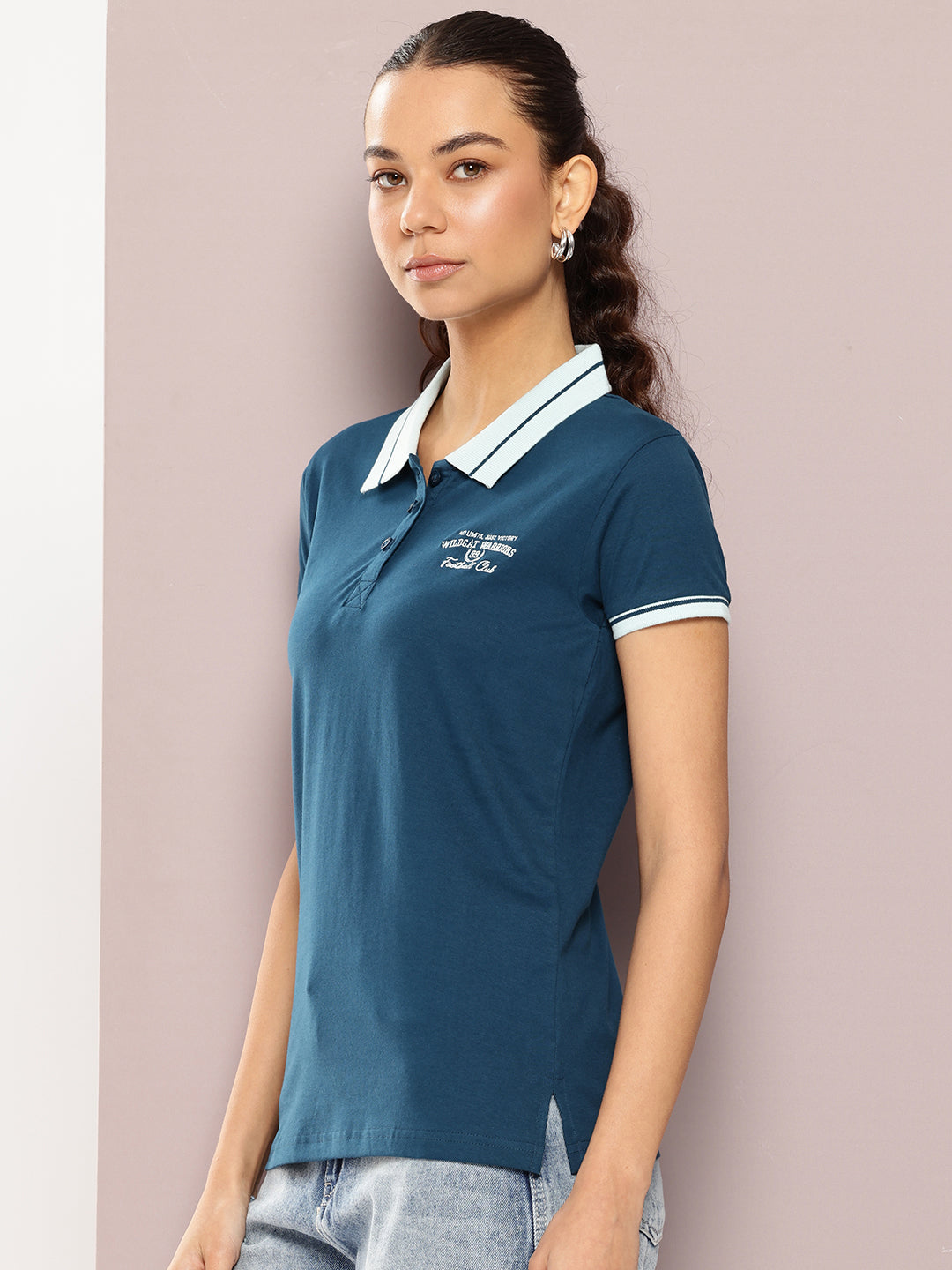 Womens Half Sleeve Polo Neck Embroidered Regular Fit Tshirts
