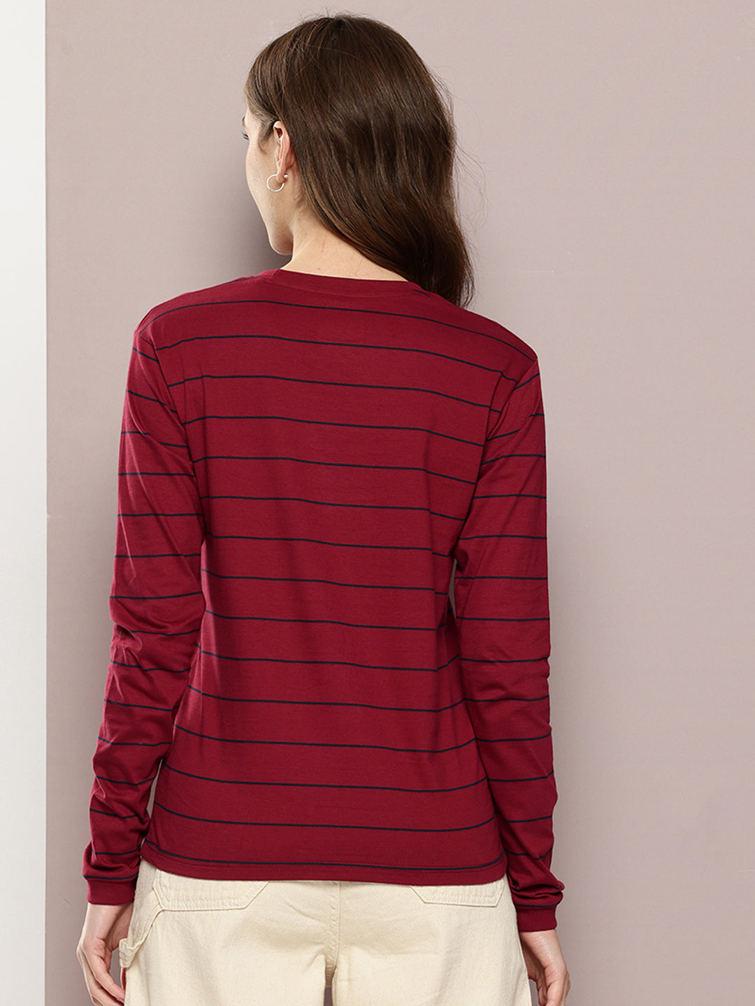 Womens Full Sleeve Round Neck Striped Regular Fit Tshirts