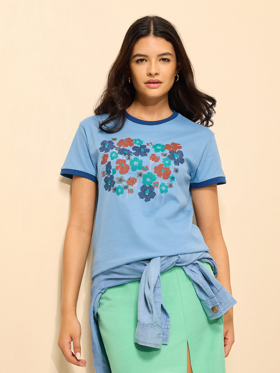 Womens Embroidery Regular Fit Cotton T-Shirt